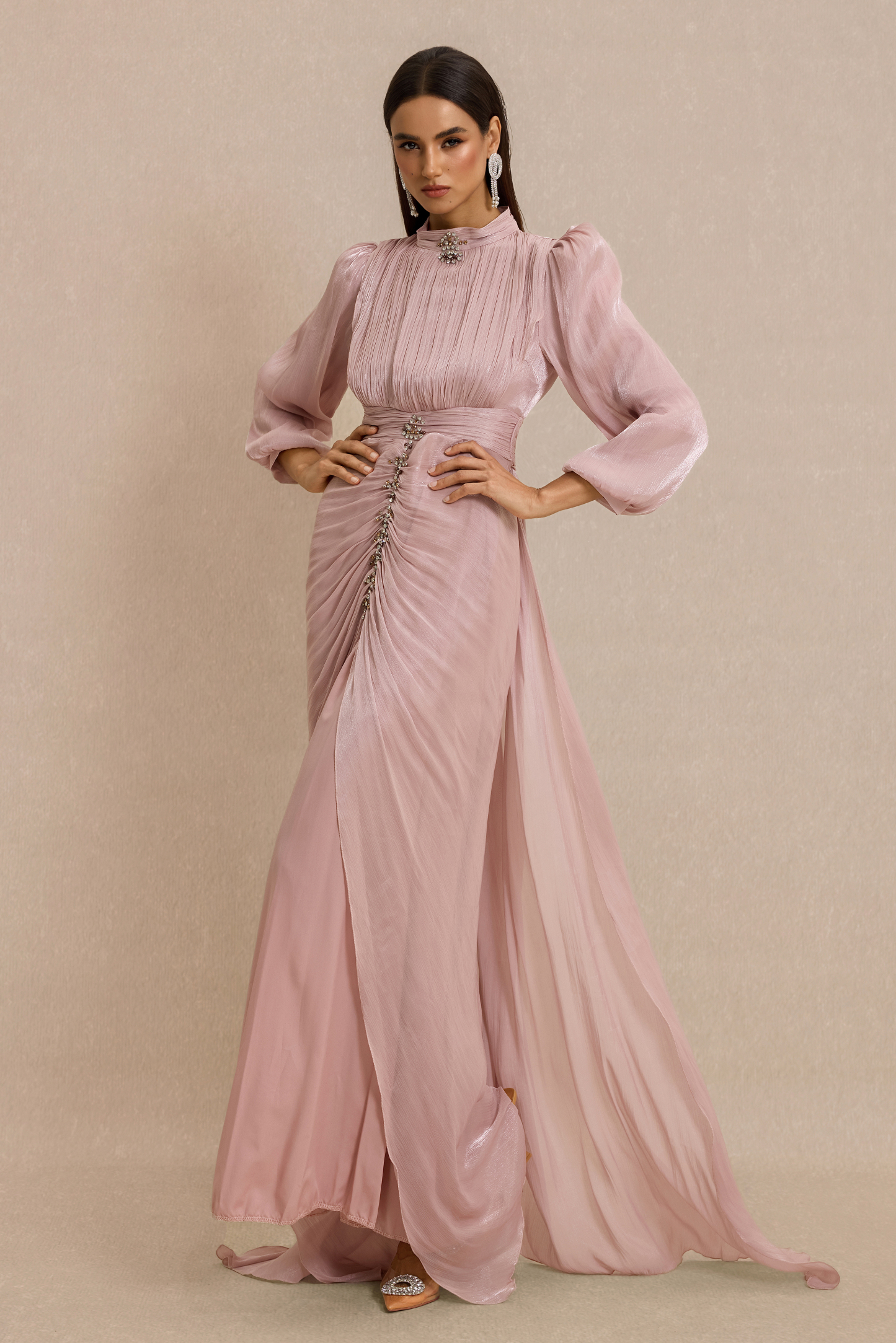 Rhinestone Rivets Gathering Lantern Sleeve Maxi Dress