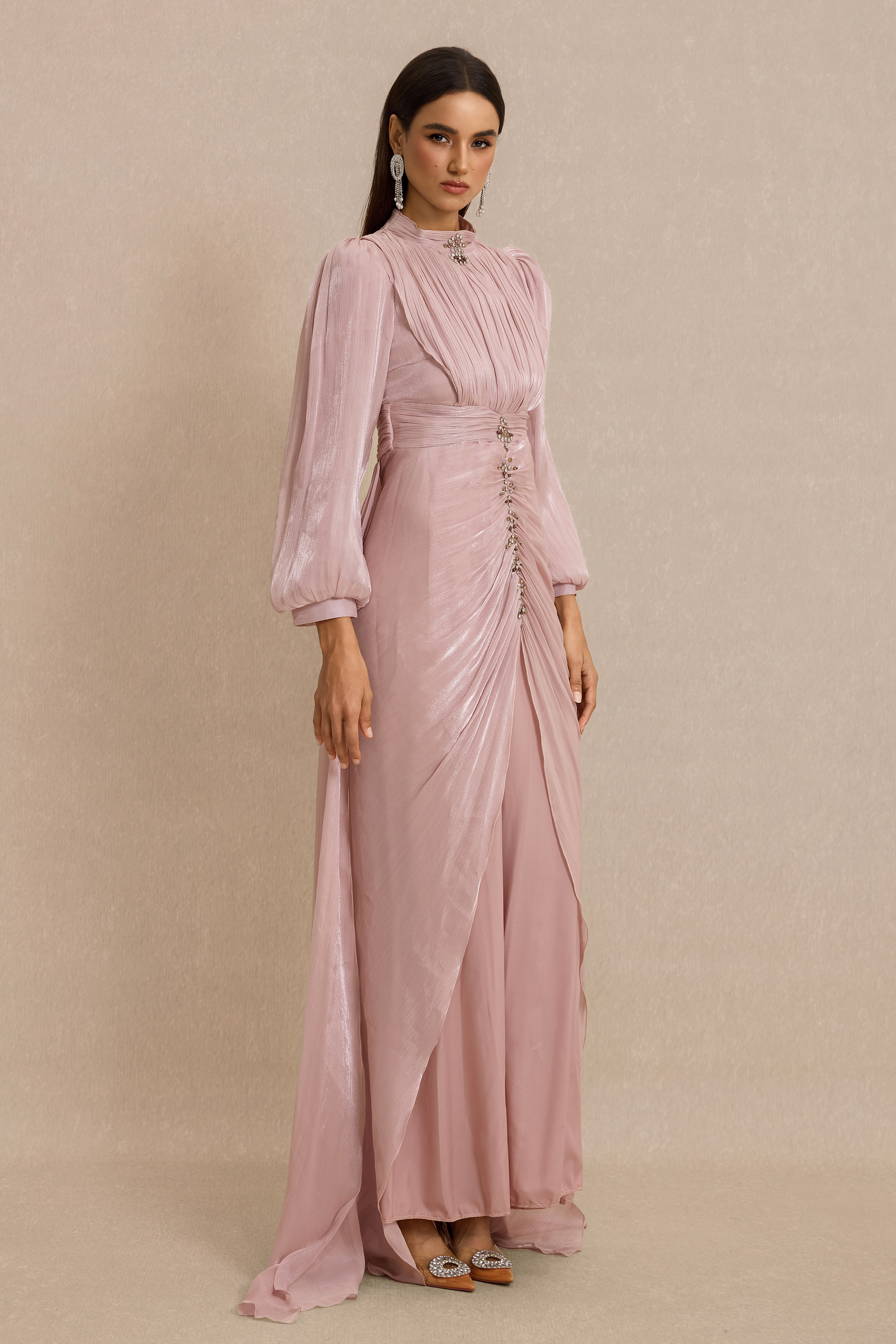 Rhinestone Rivets Gathering Lantern Sleeve Maxi Dress