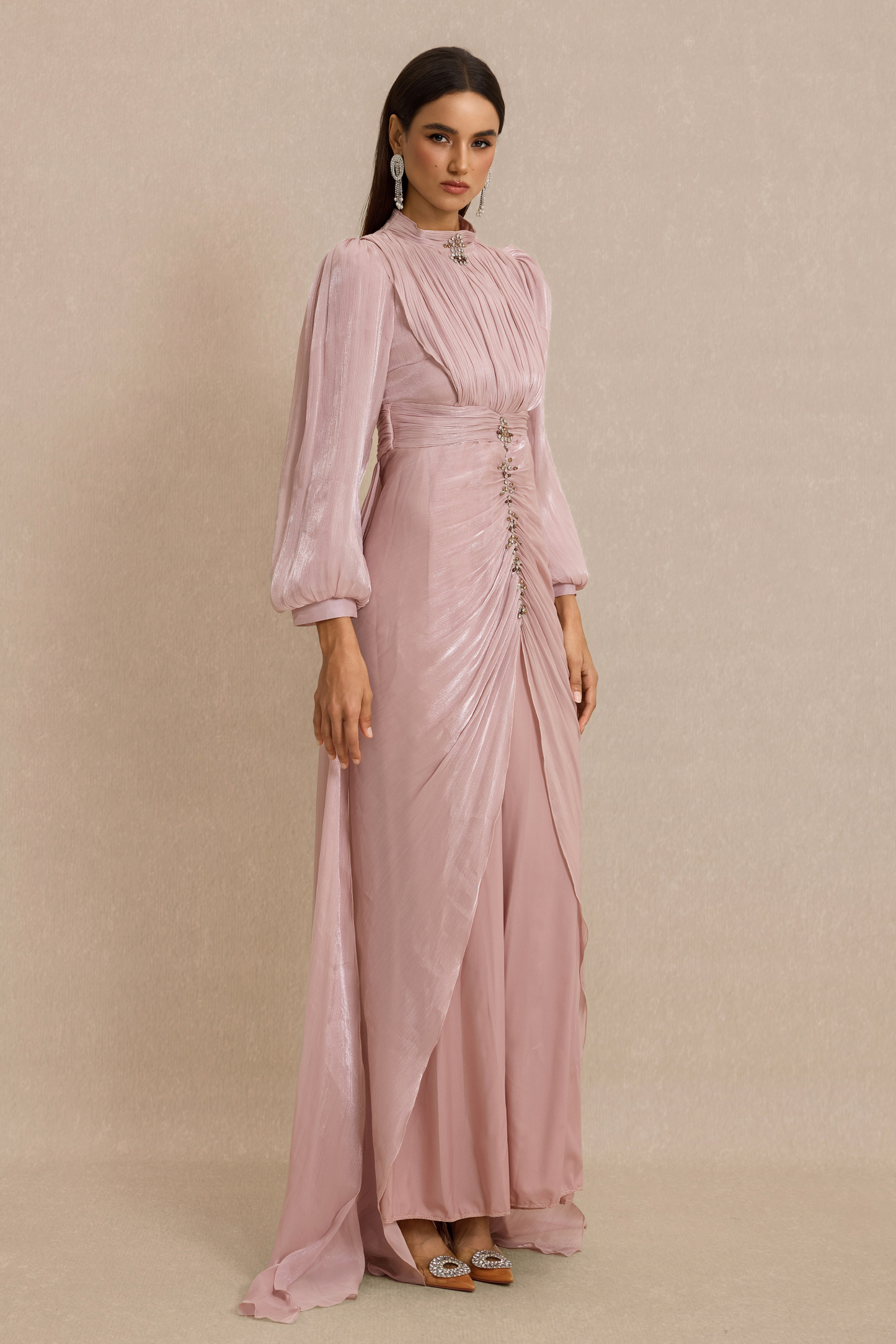 Rhinestone Rivets Gathering Lantern Sleeve Maxi Dress