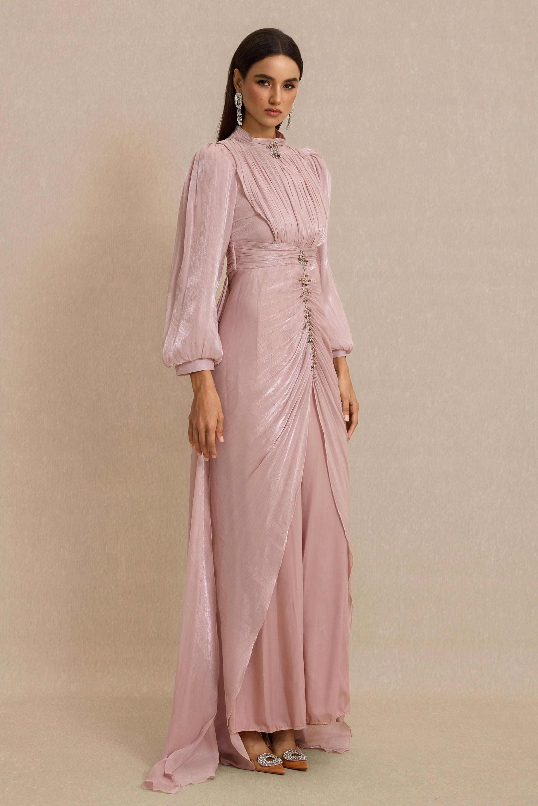 Rhinestone Rivets Gathering Lantern Sleeve Maxi Dress