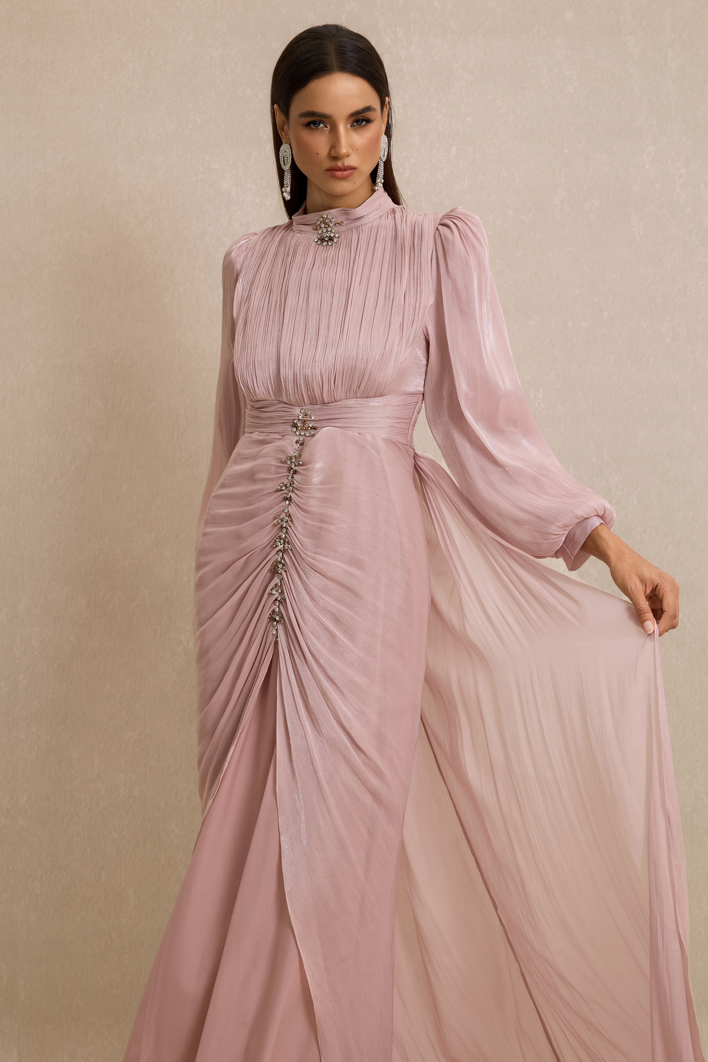Rhinestone Rivets Gathering Lantern Sleeve Maxi Dress