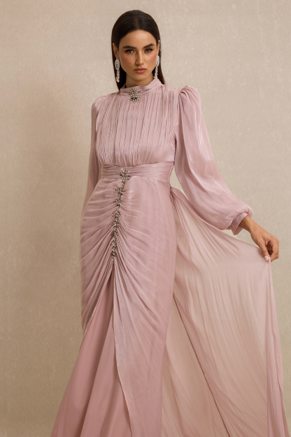 Rhinestone Rivets Gathering Lantern Sleeve Maxi Dress