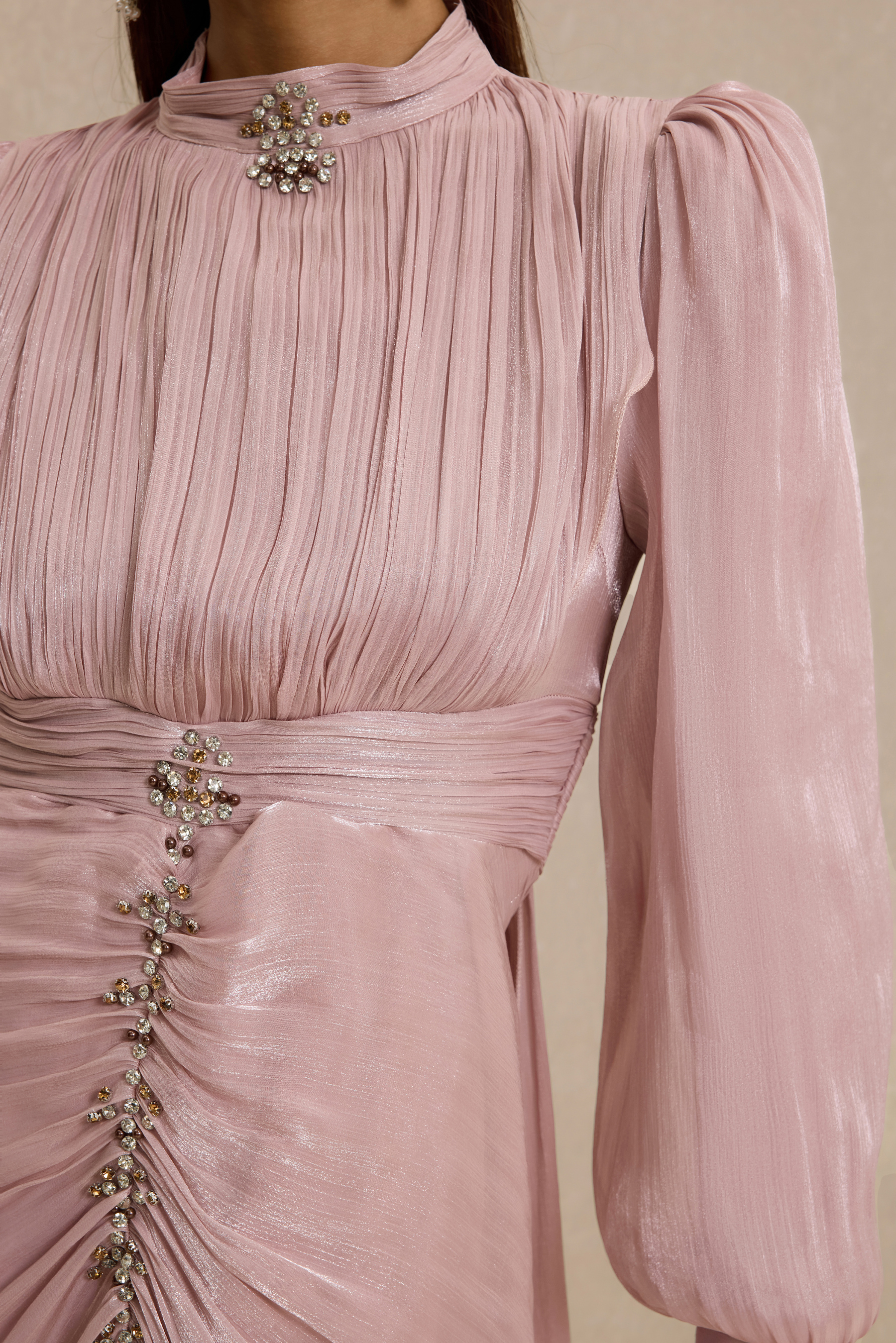 Rhinestone Rivets Gathering Lantern Sleeve Maxi Dress