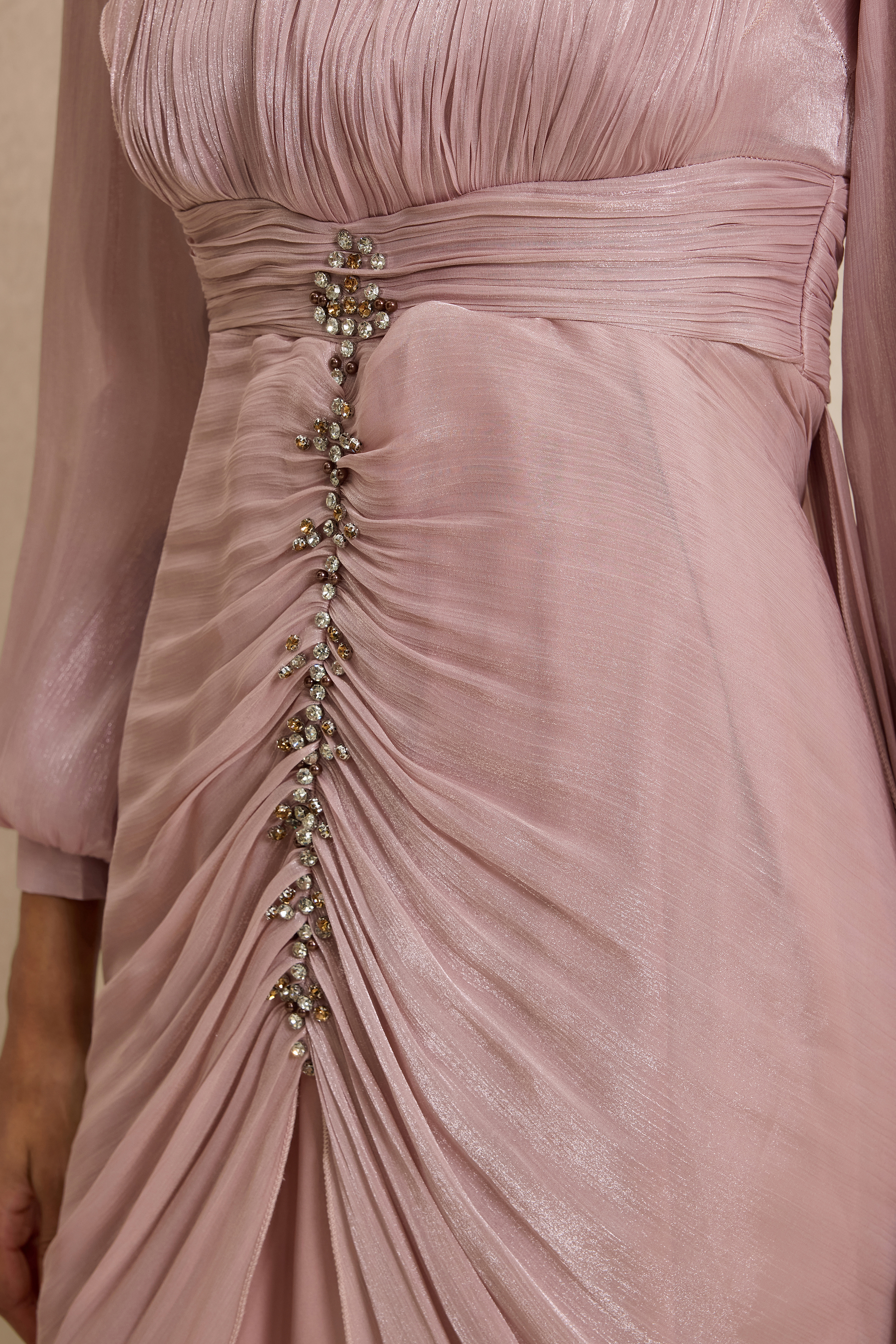 Rhinestone Rivets Gathering Lantern Sleeve Maxi Dress