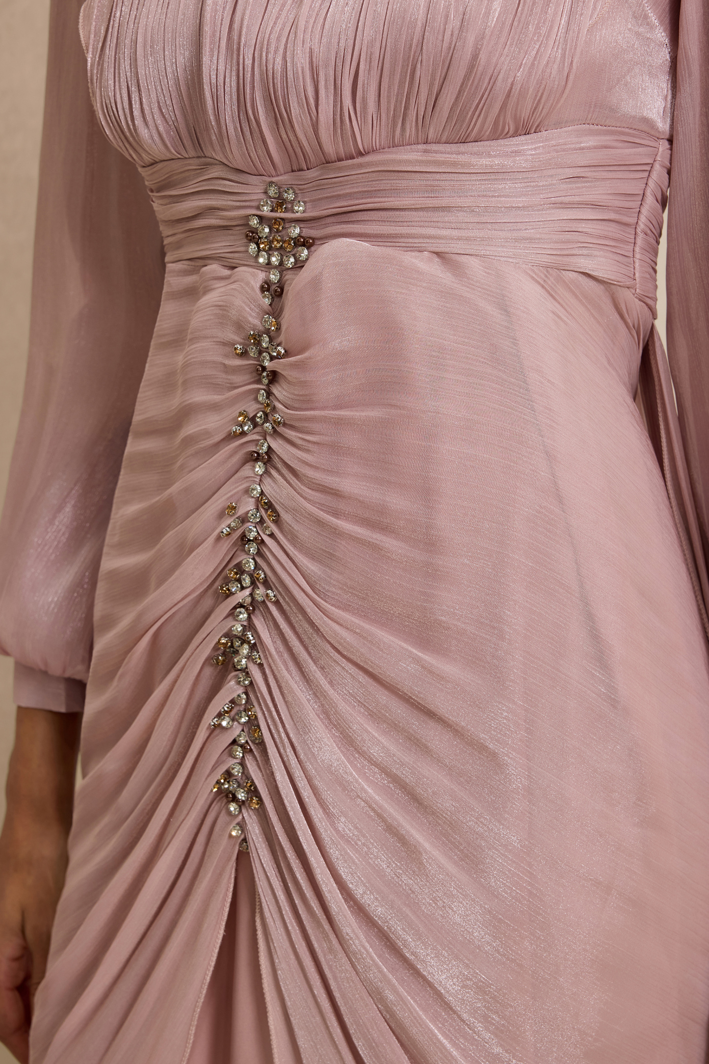 Rhinestone Rivets Gathering Lantern Sleeve Maxi Dress