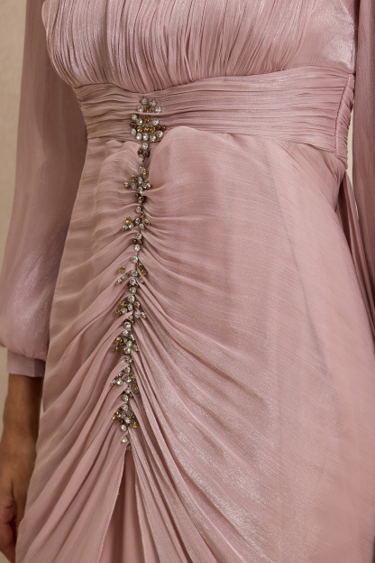 Rhinestone Rivets Gathering Lantern Sleeve Maxi Dress