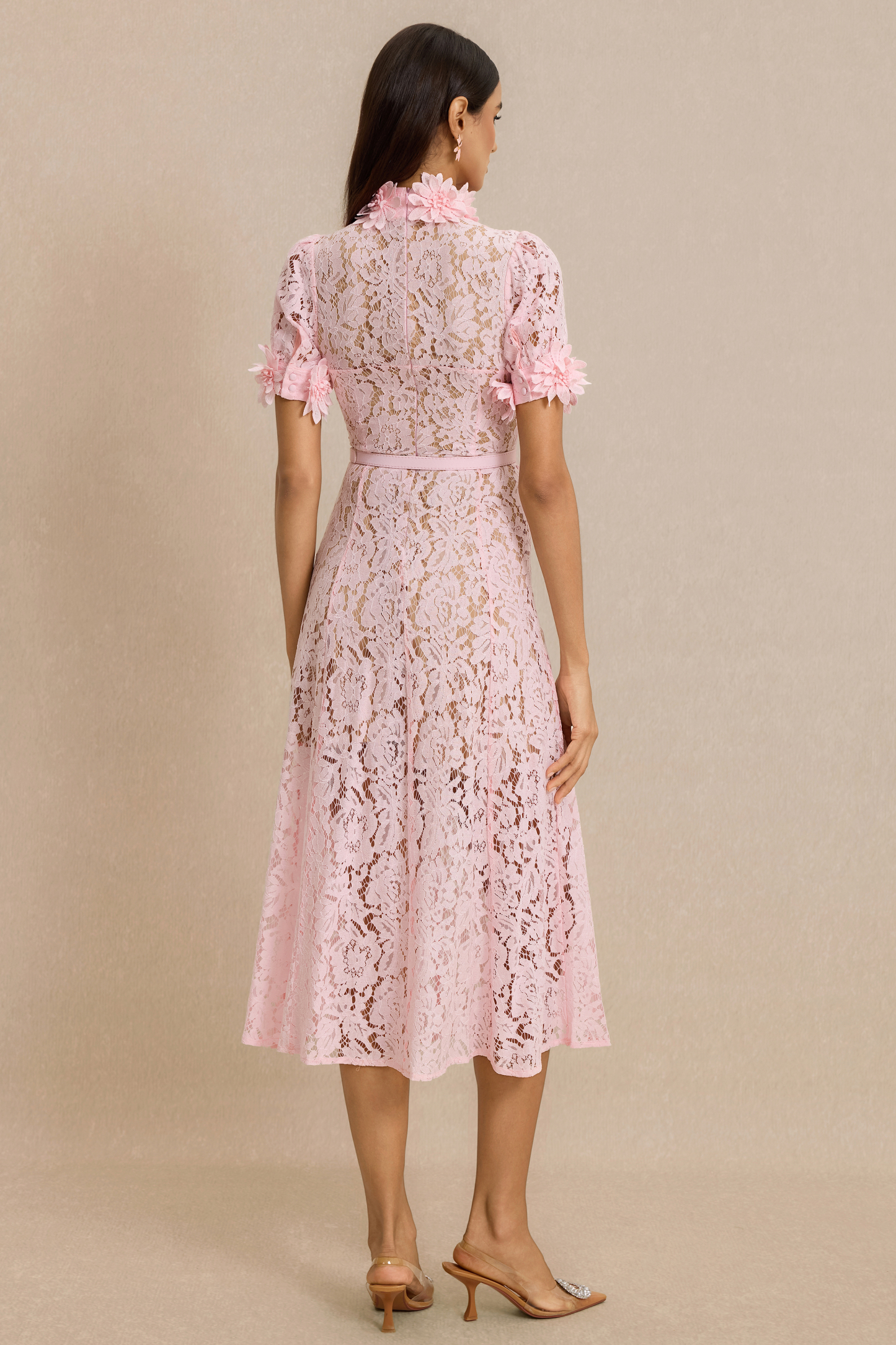 Lace 3D Flower Midi Dress With Belt