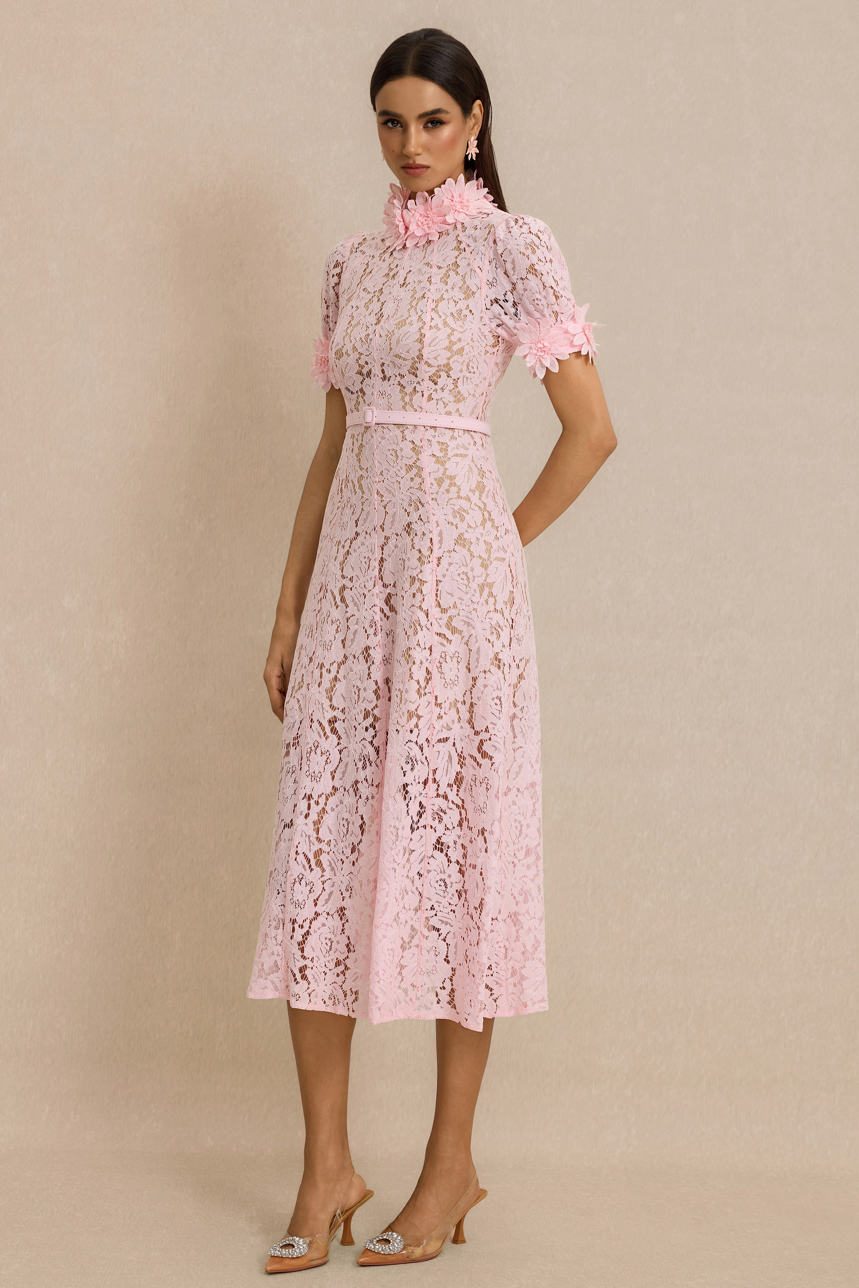 Lace 3D Flower Midi Dress With Belt