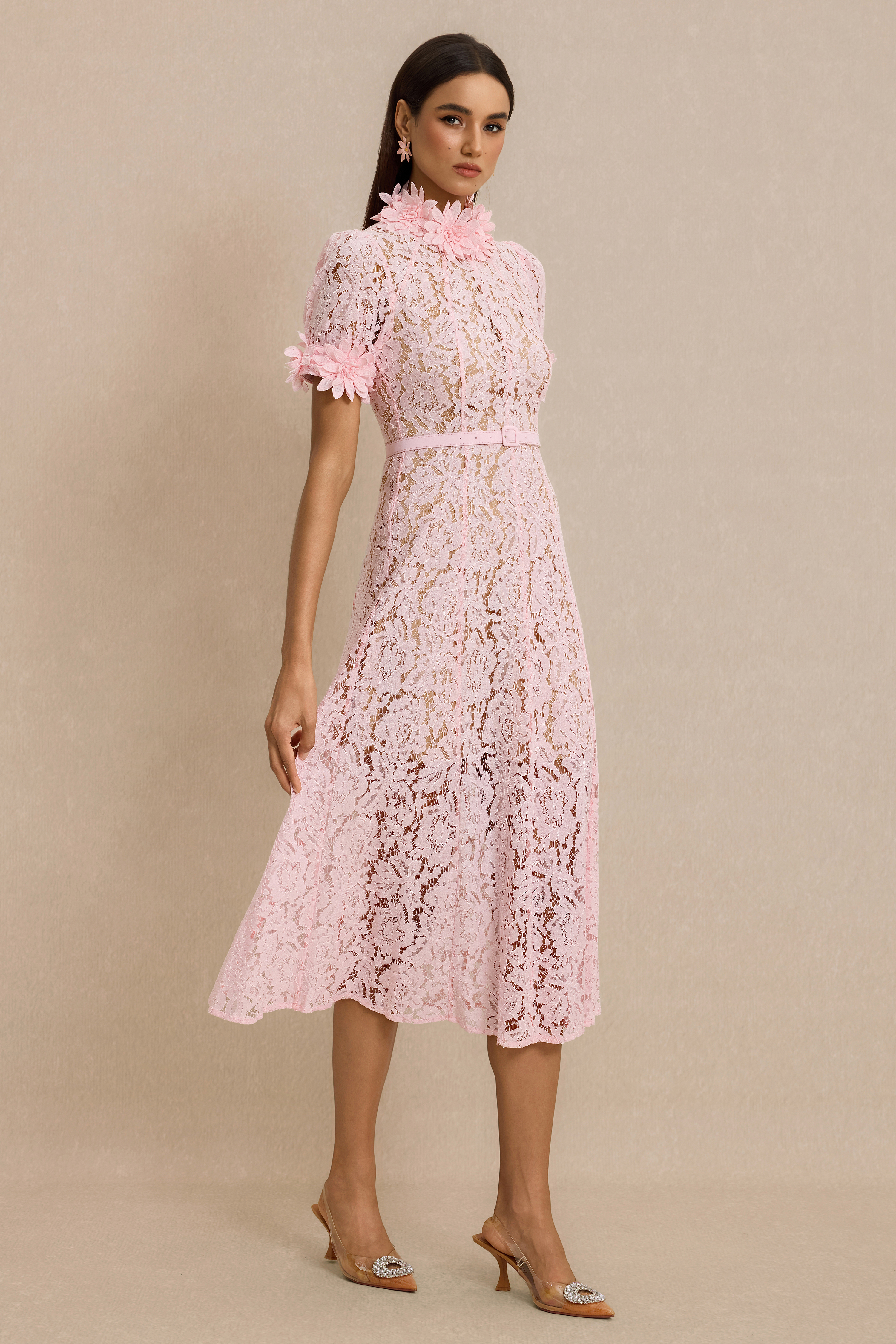 Lace 3D Flower Midi Dress With Belt