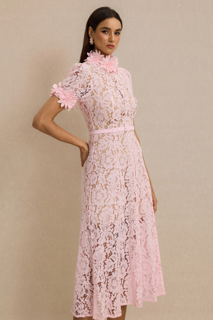 Lace 3D Flower Midi Dress With Belt