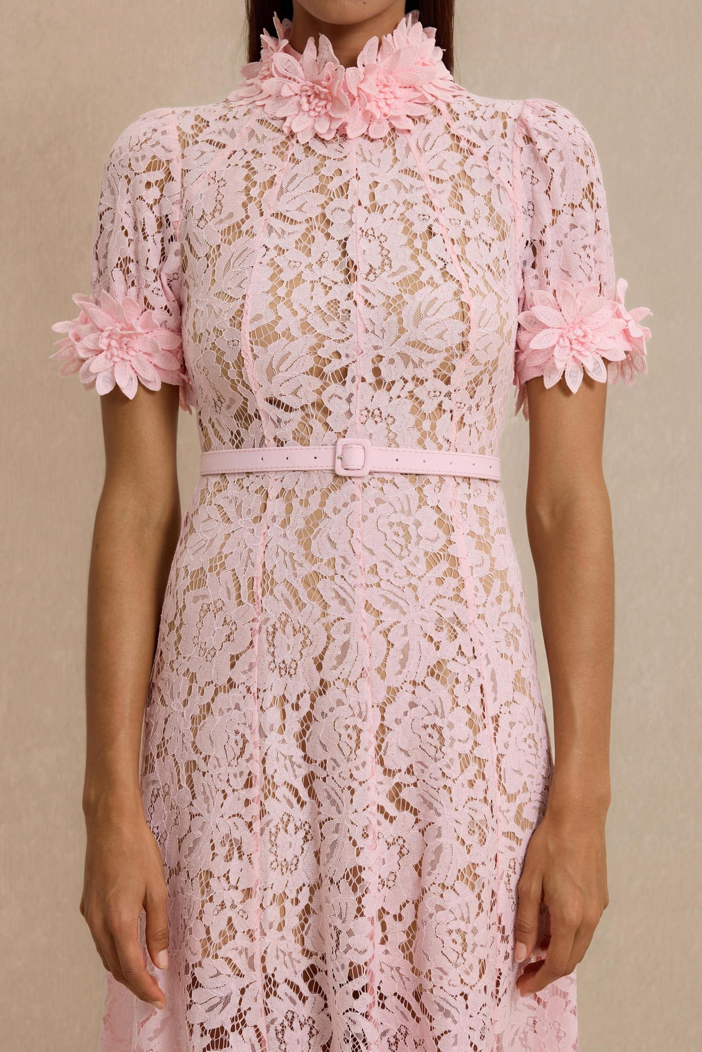 Lace 3D Flower Midi Dress With Belt
