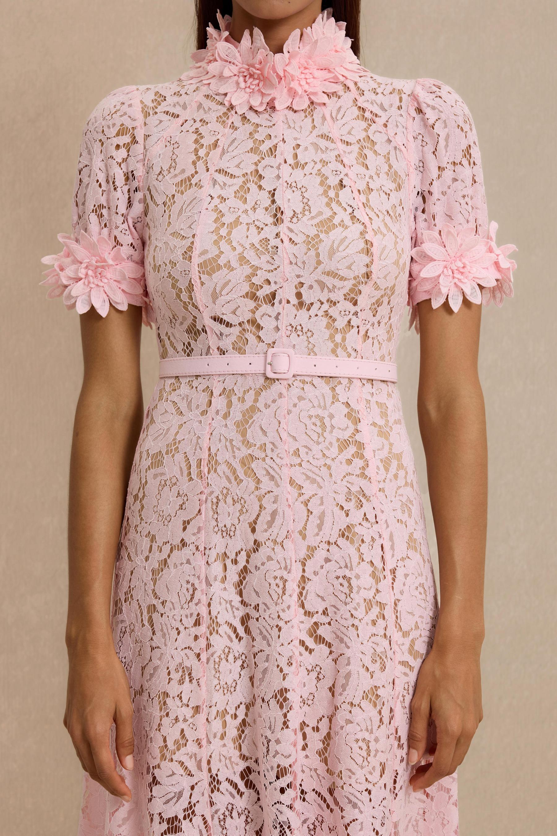 Lace 3D Flower Midi Dress With Belt