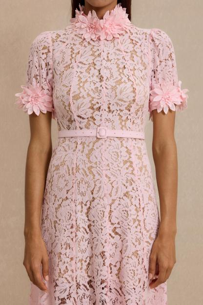 Lace 3D Flower Midi Dress With Belt