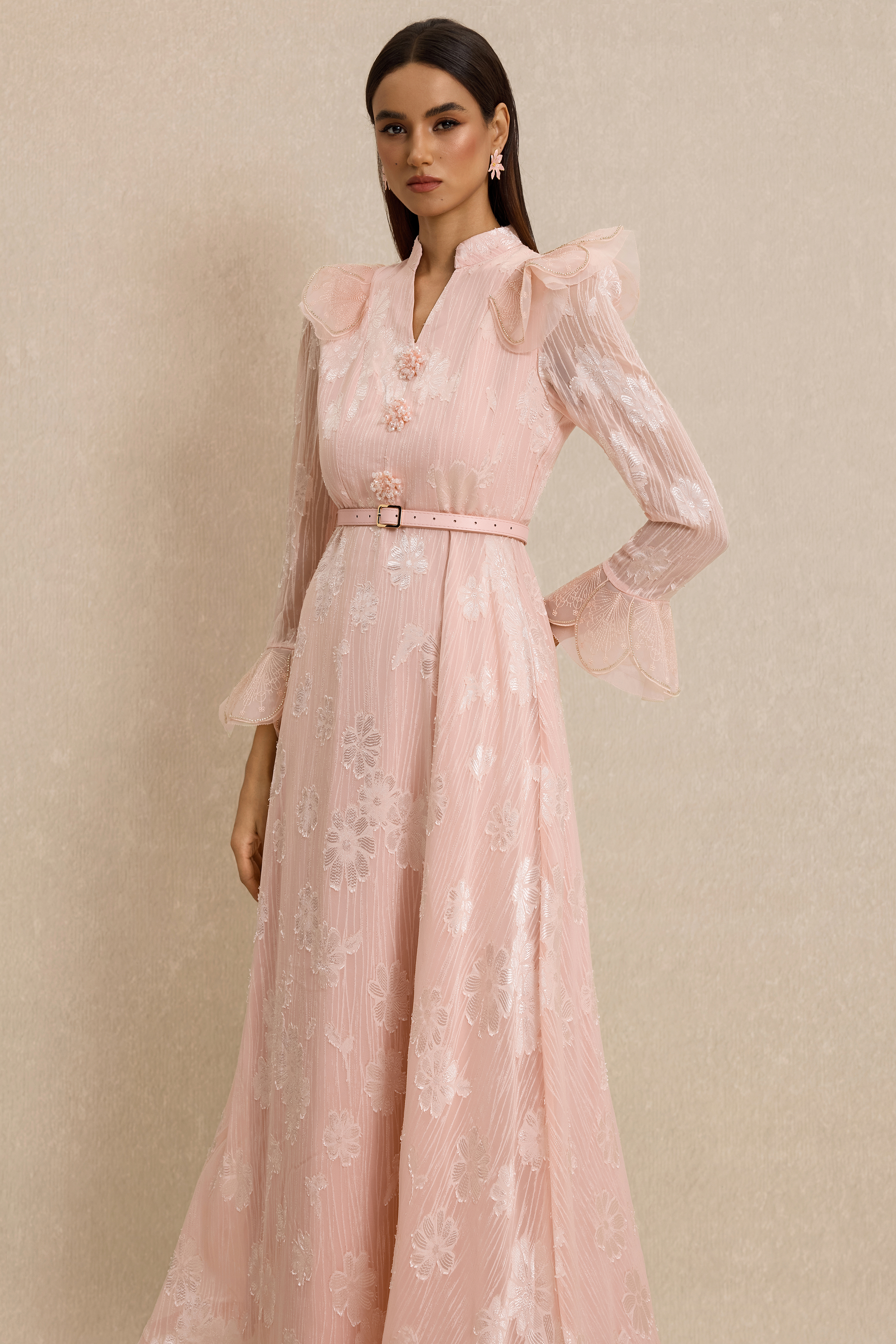 Burn-Out Beaded Button Midi Dress With Belt