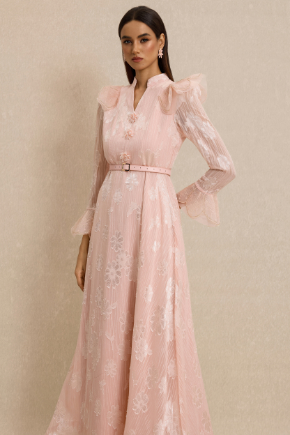 Burn-Out Beaded Button Midi Dress With Belt