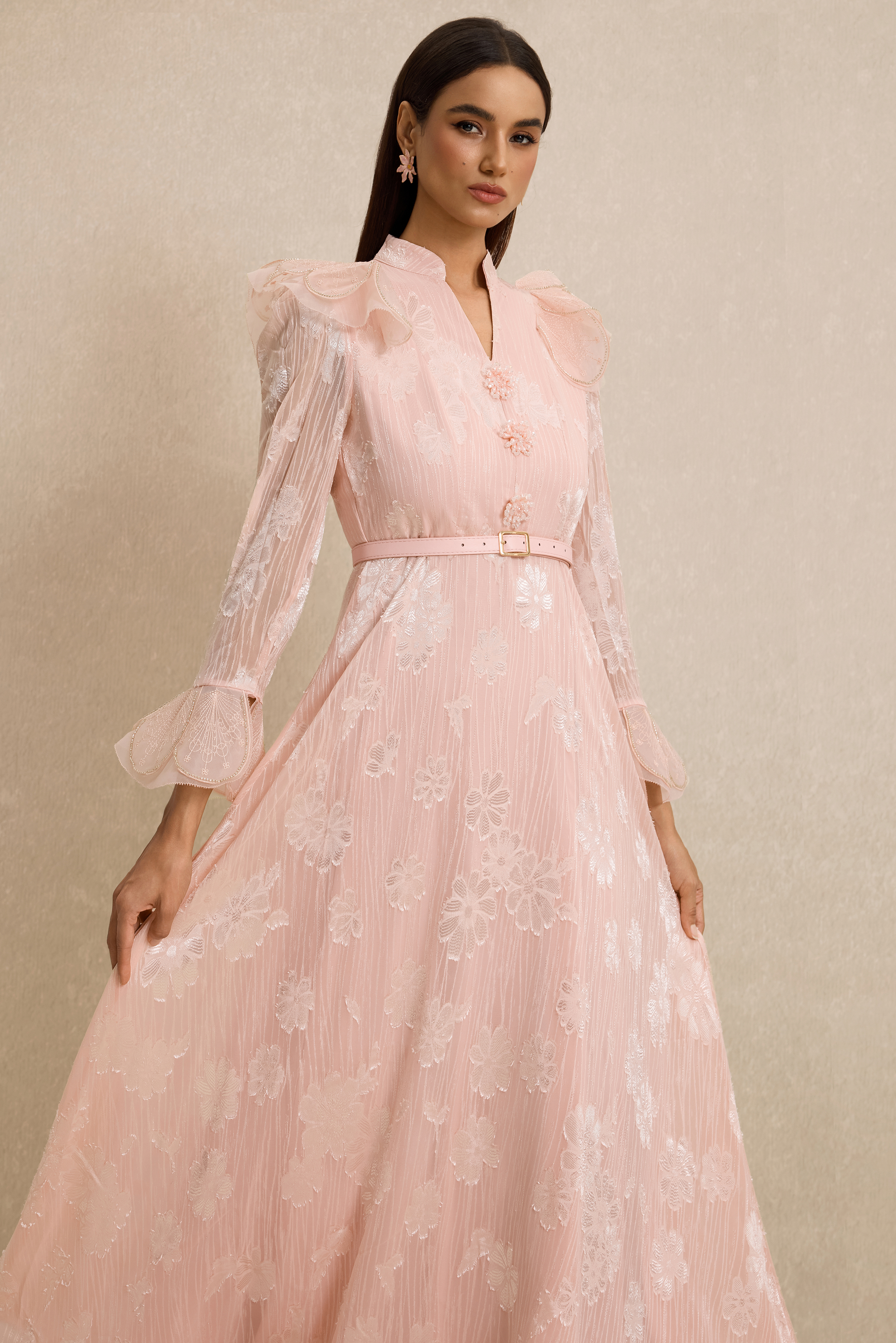 Burn-Out Beaded Button Midi Dress With Belt