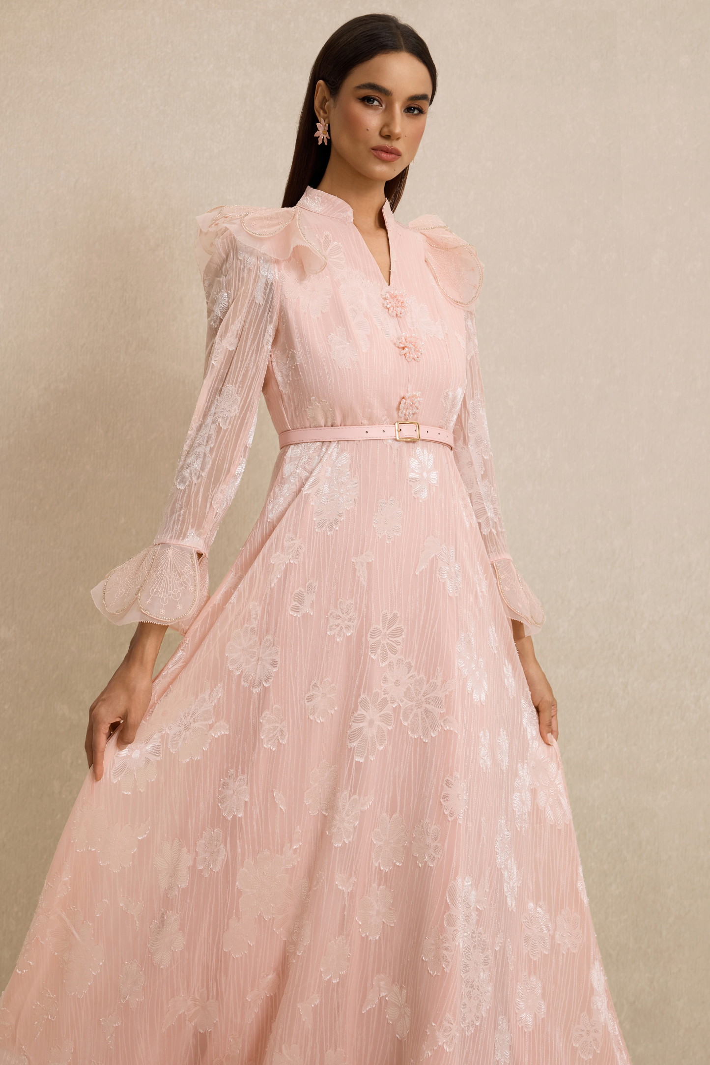 Burn-Out Beaded Button Midi Dress With Belt