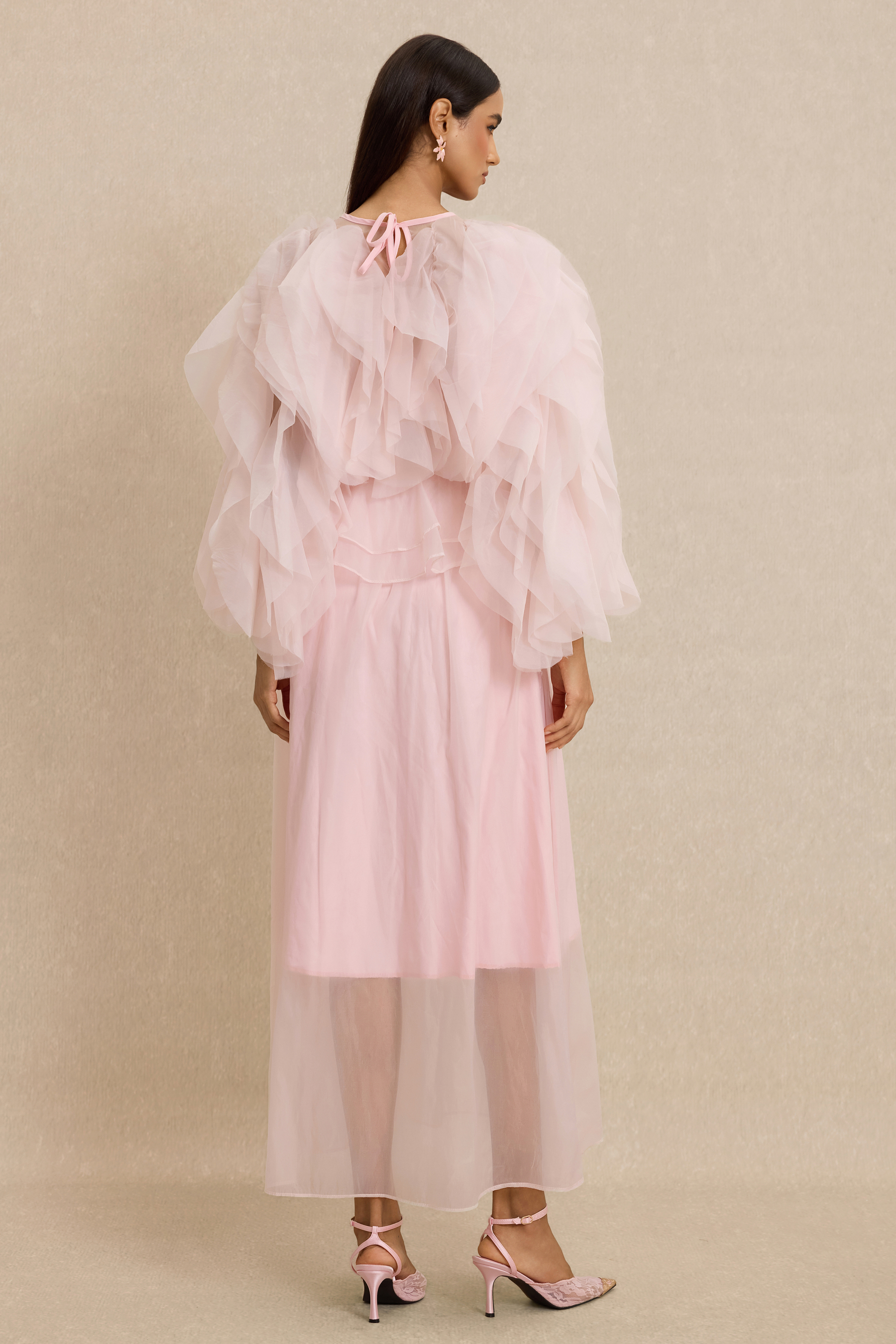 Round Neck Long Sleeve Ruffle Midi Dress