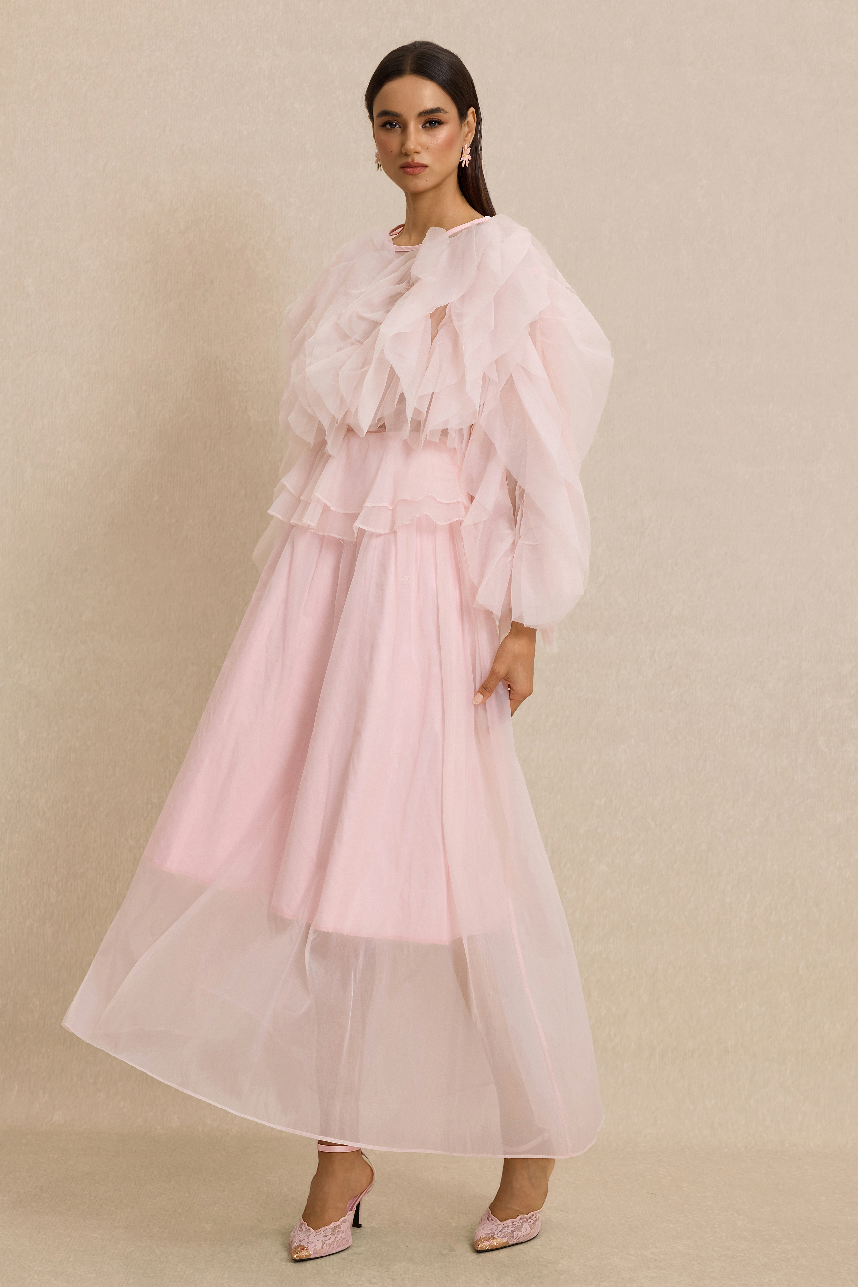 Round Neck Long Sleeve Ruffle Midi Dress