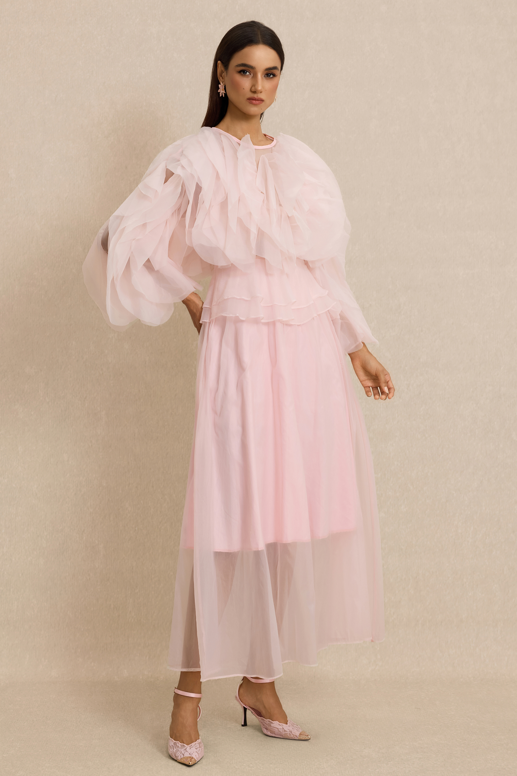Round Neck Long Sleeve Ruffle Midi Dress