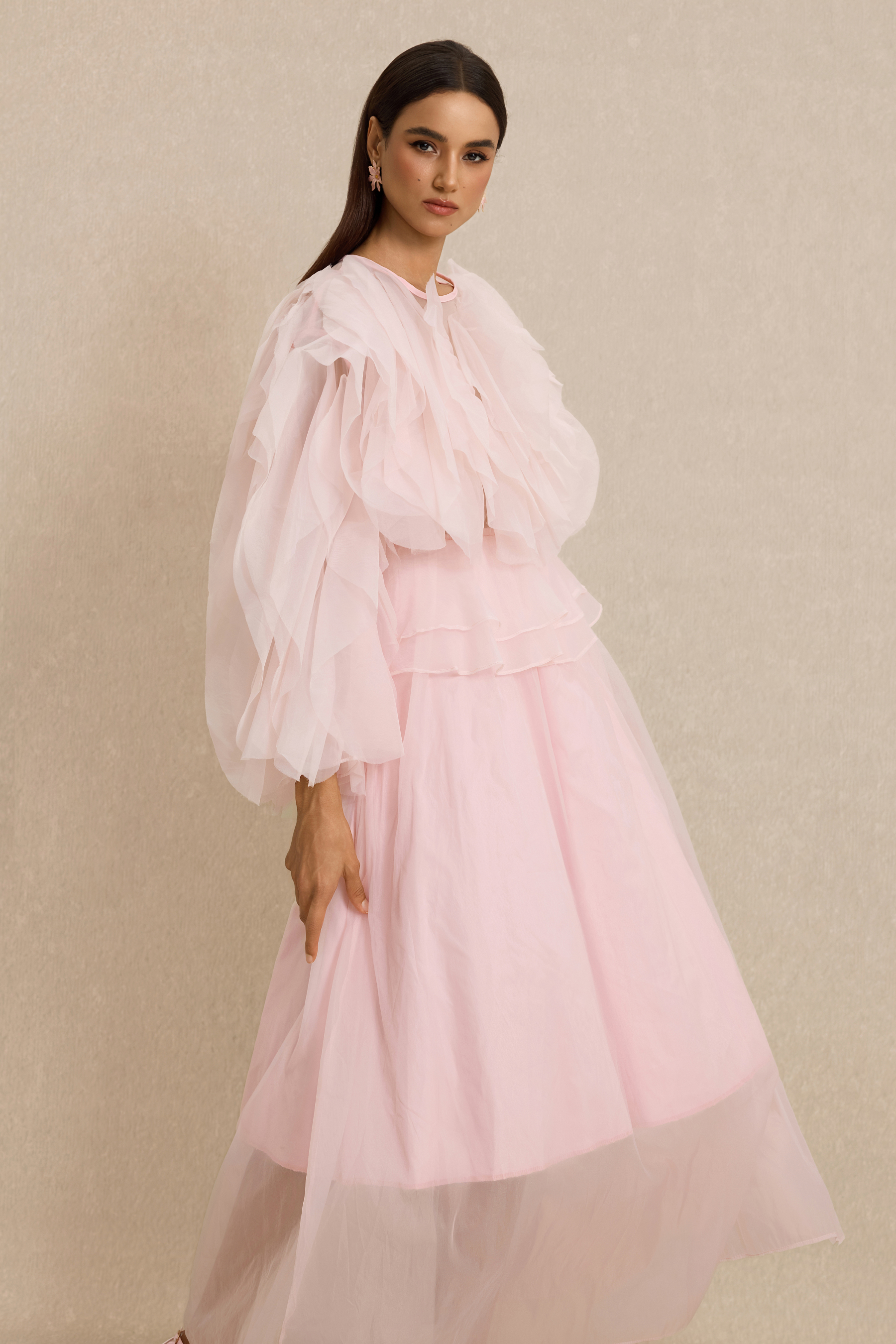 Round Neck Long Sleeve Ruffle Midi Dress