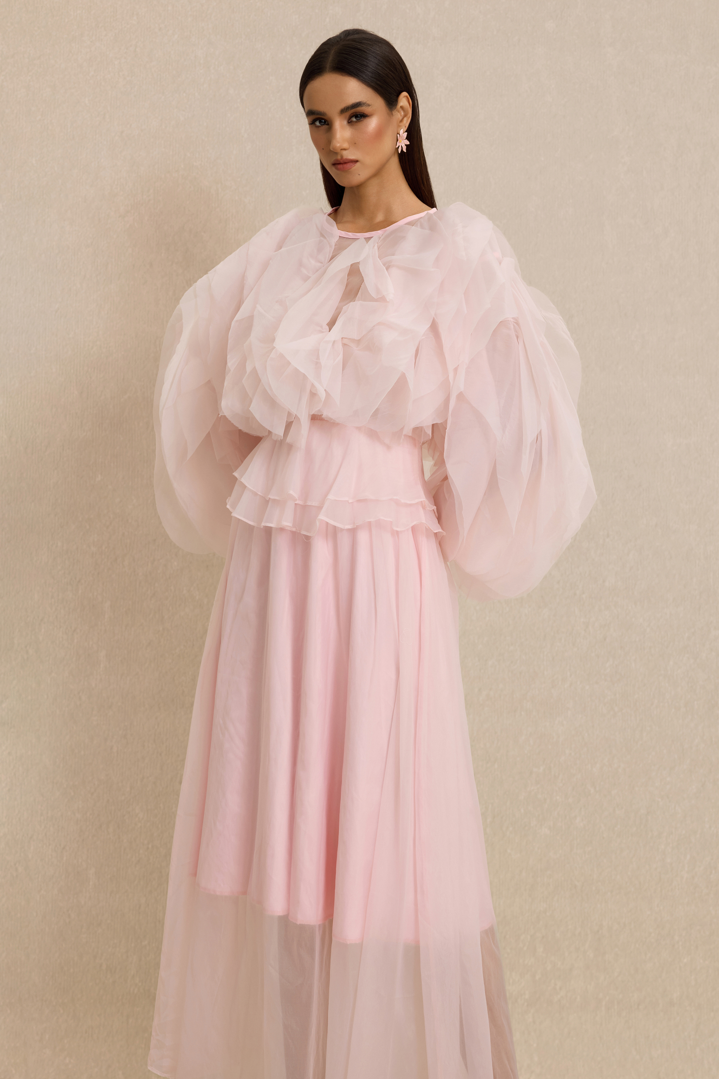 Round Neck Long Sleeve Ruffle Midi Dress