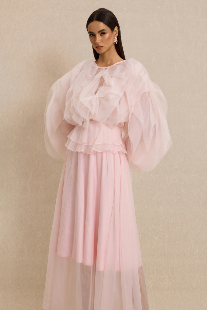 Round Neck Long Sleeve Ruffle Midi Dress