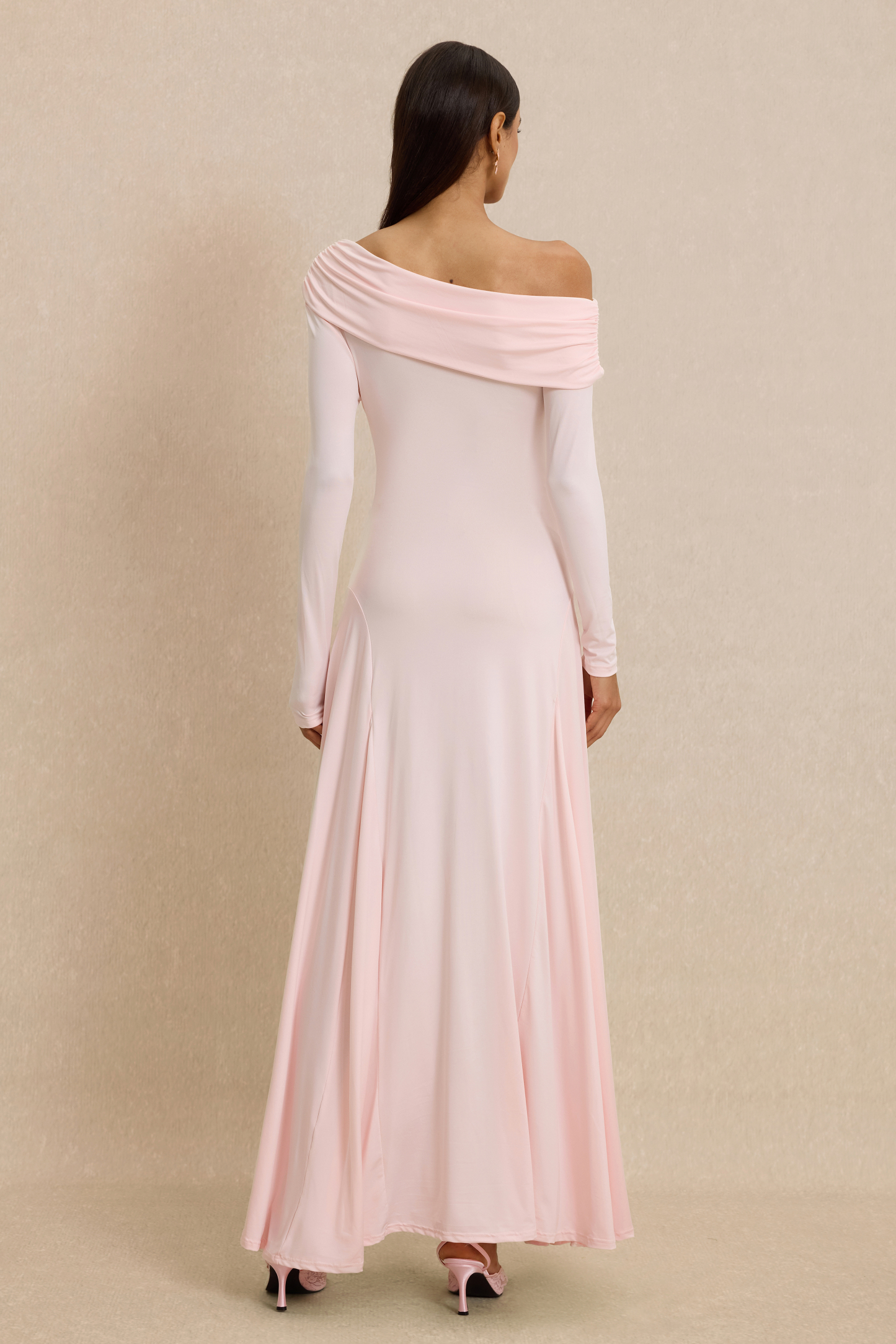 Solid Skew Collar Gathering Maxi Dress