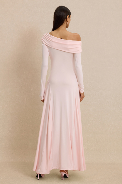 Solid Skew Collar Gathering Maxi Dress