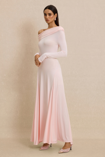 Solid Skew Collar Gathering Maxi Dress