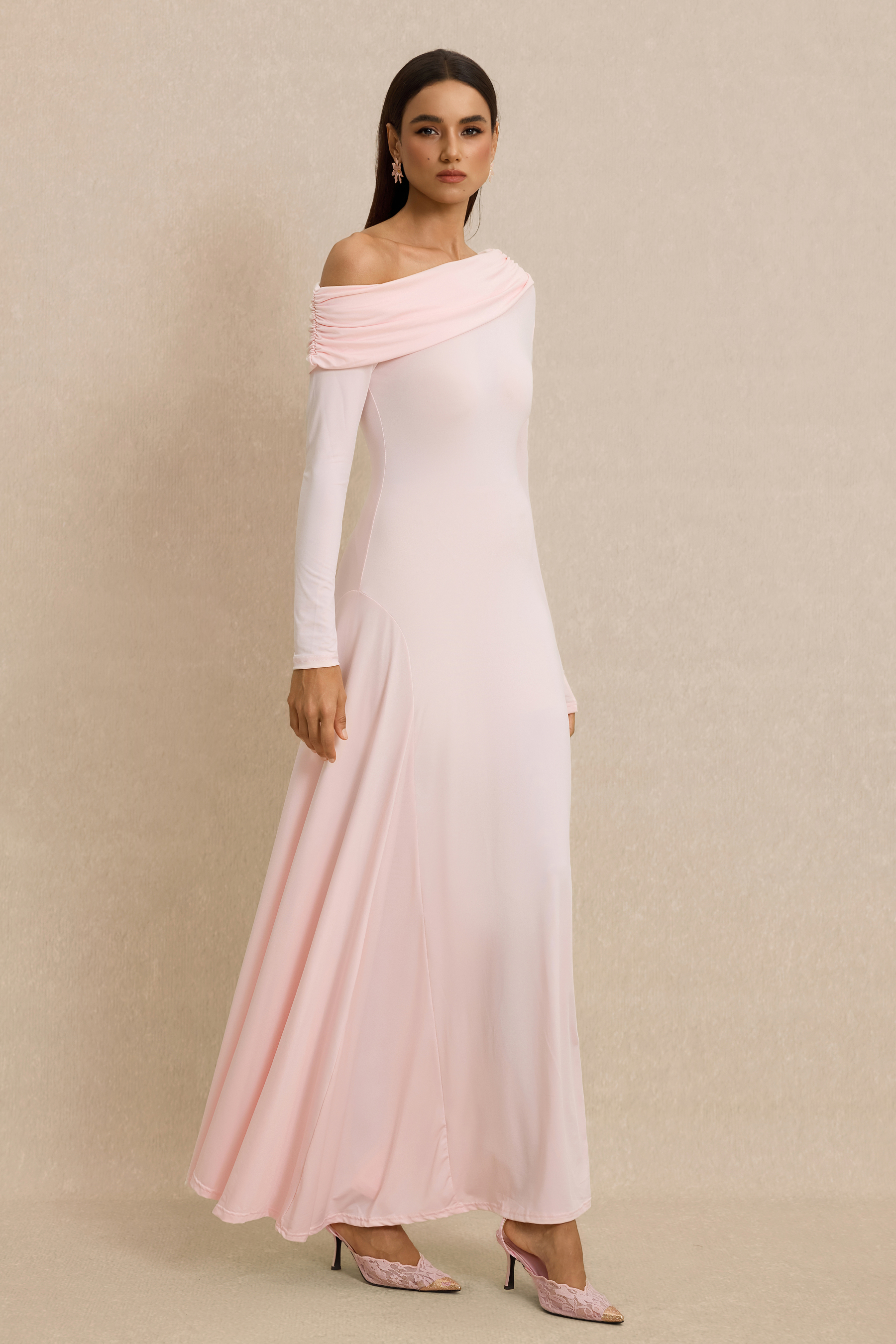 Solid Skew Collar Gathering Maxi Dress