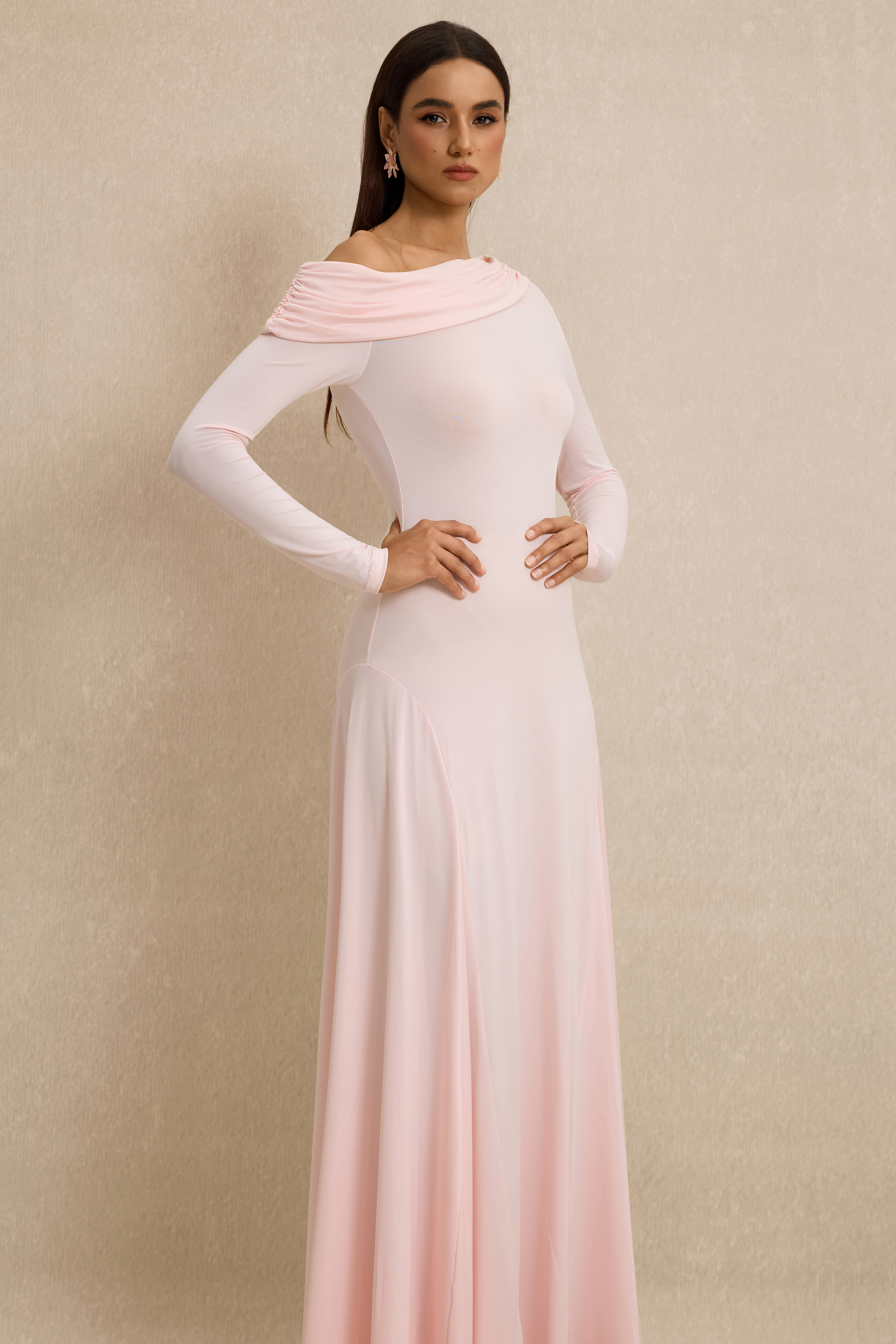 Solid Skew Collar Gathering Maxi Dress