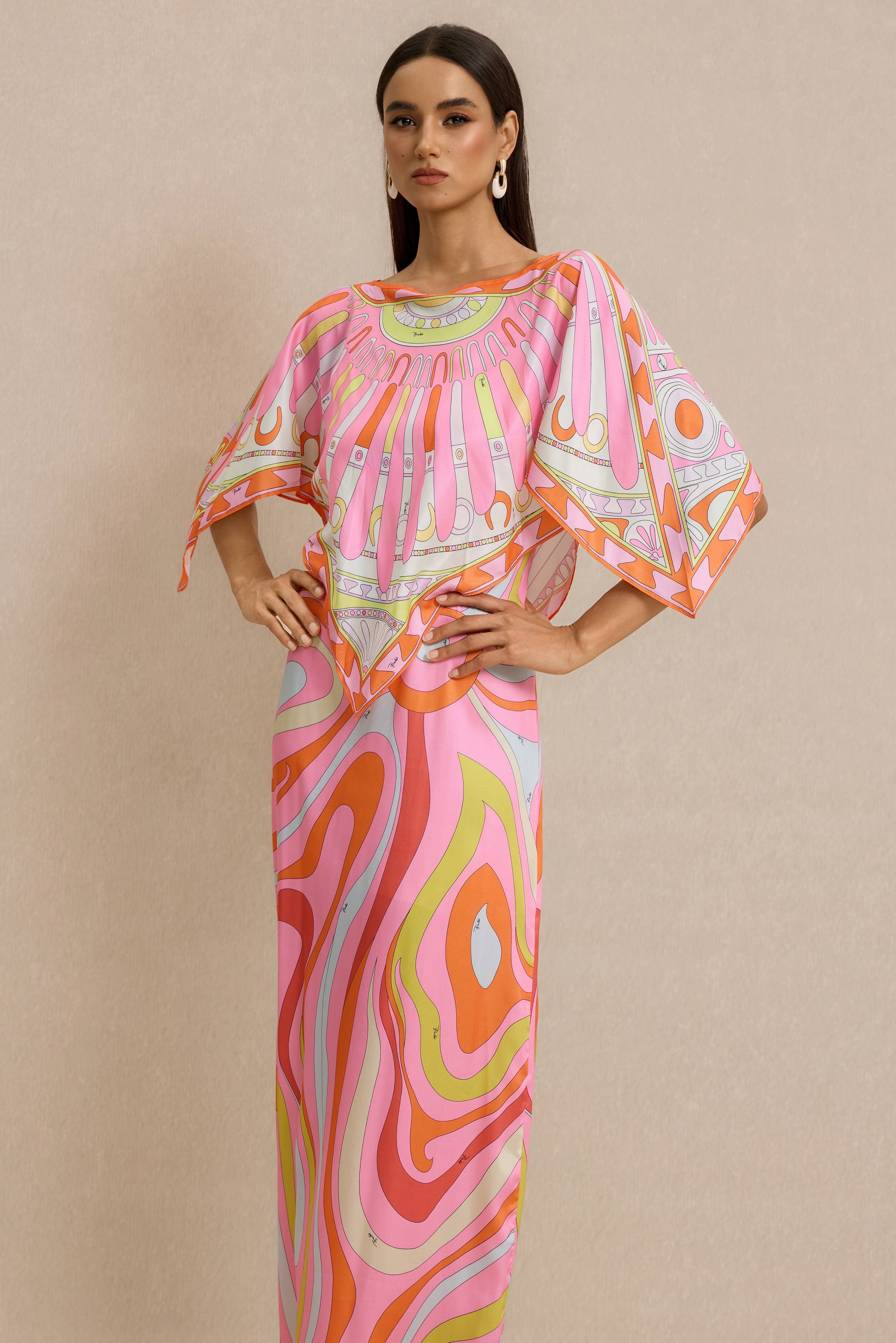 Abstract Print Slip Maxi Dress With Cape