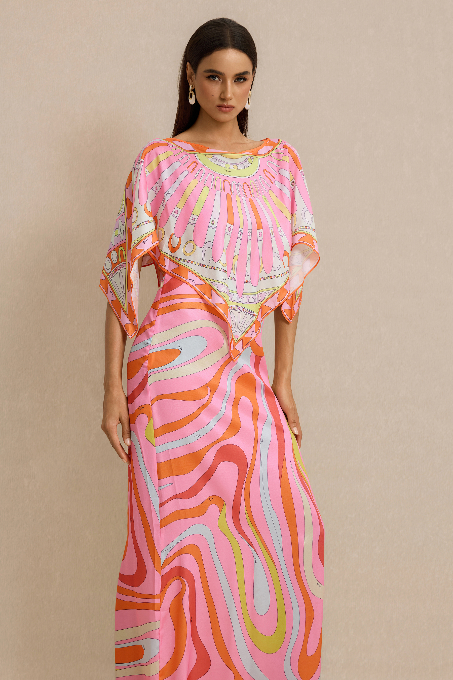 Abstract Print Slip Maxi Dress With Cape