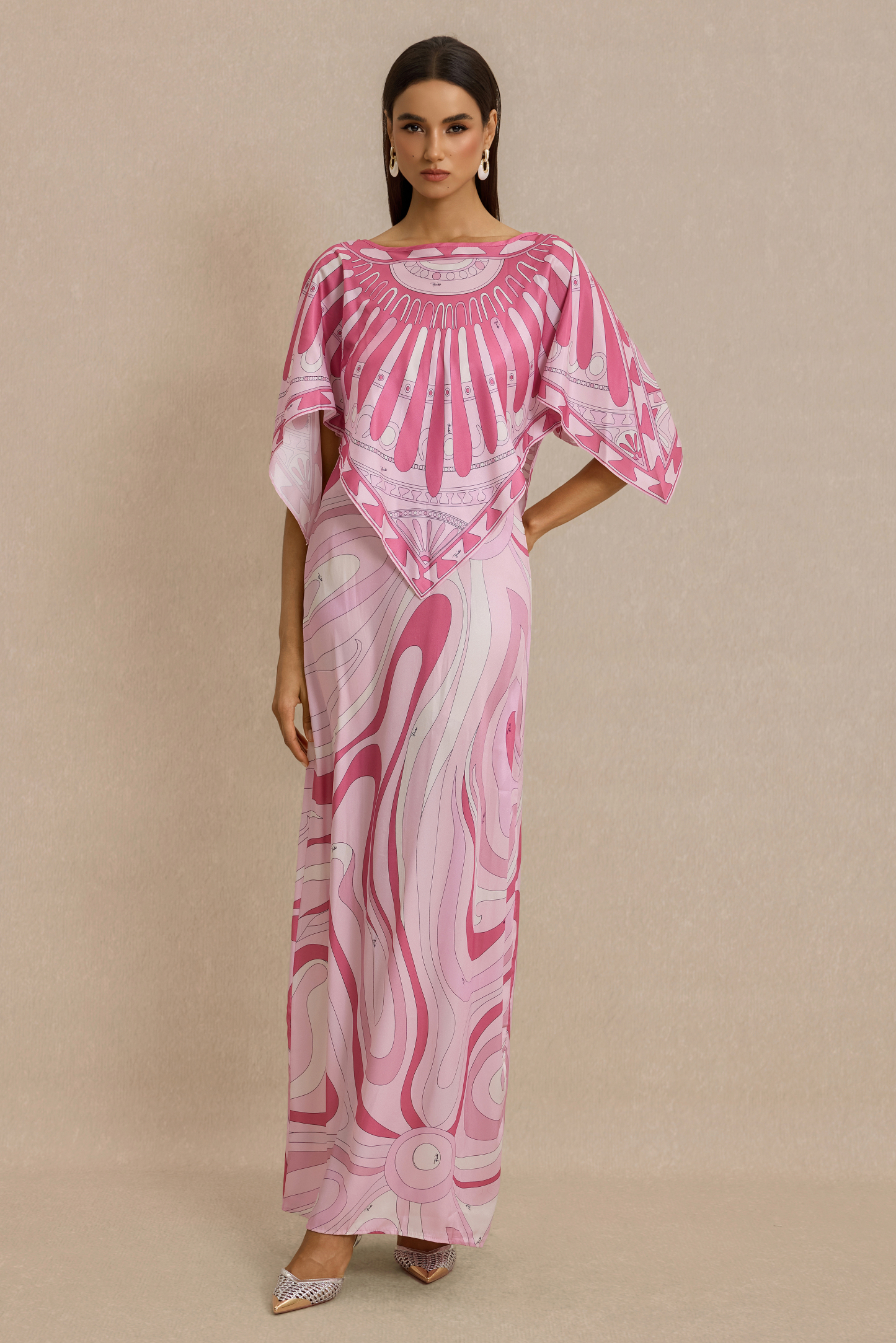 Abstract Print Slip Maxi Dress With Cape