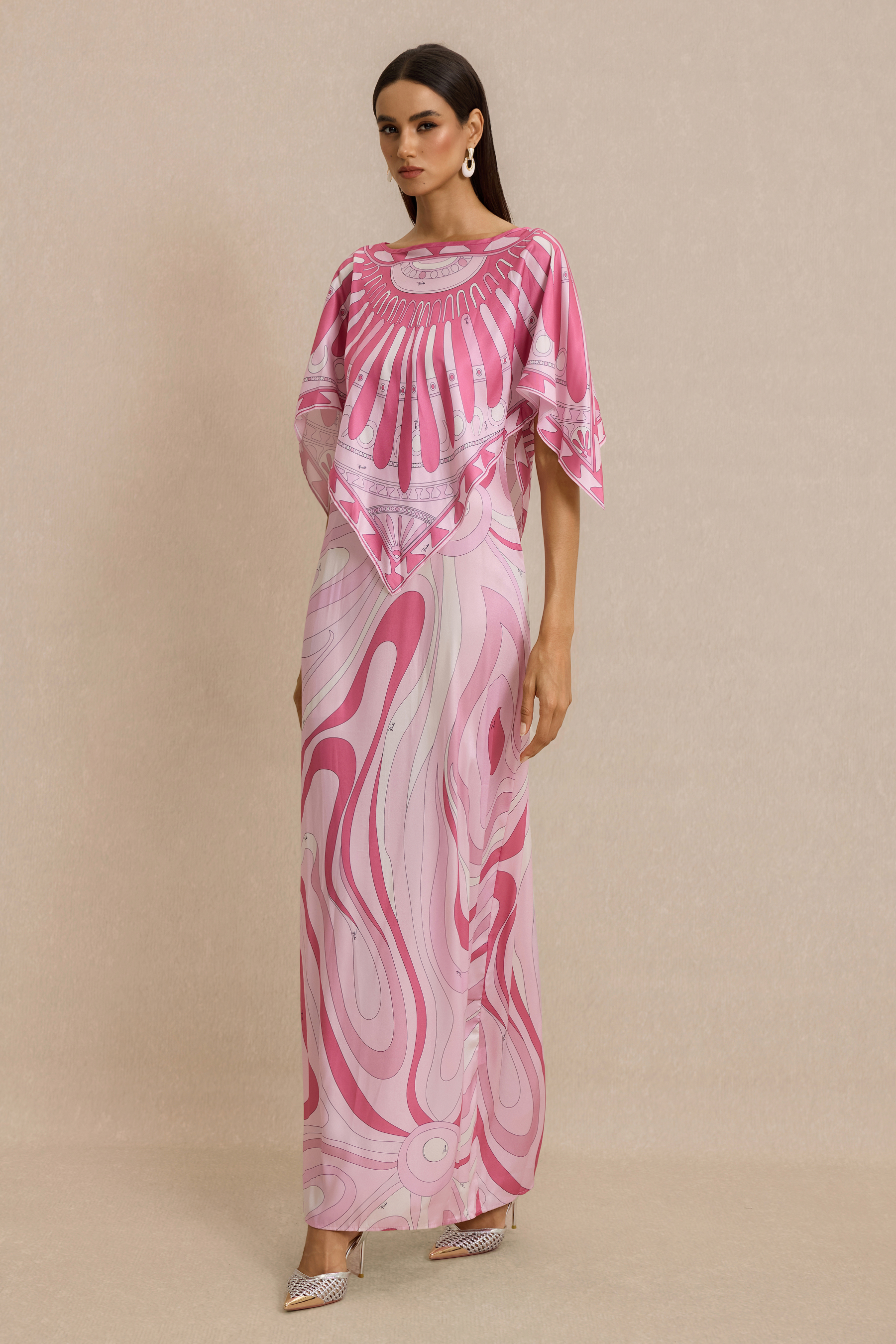 Abstract Print Slip Maxi Dress With Cape