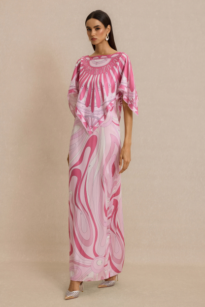 Abstract Print Slip Maxi Dress With Cape