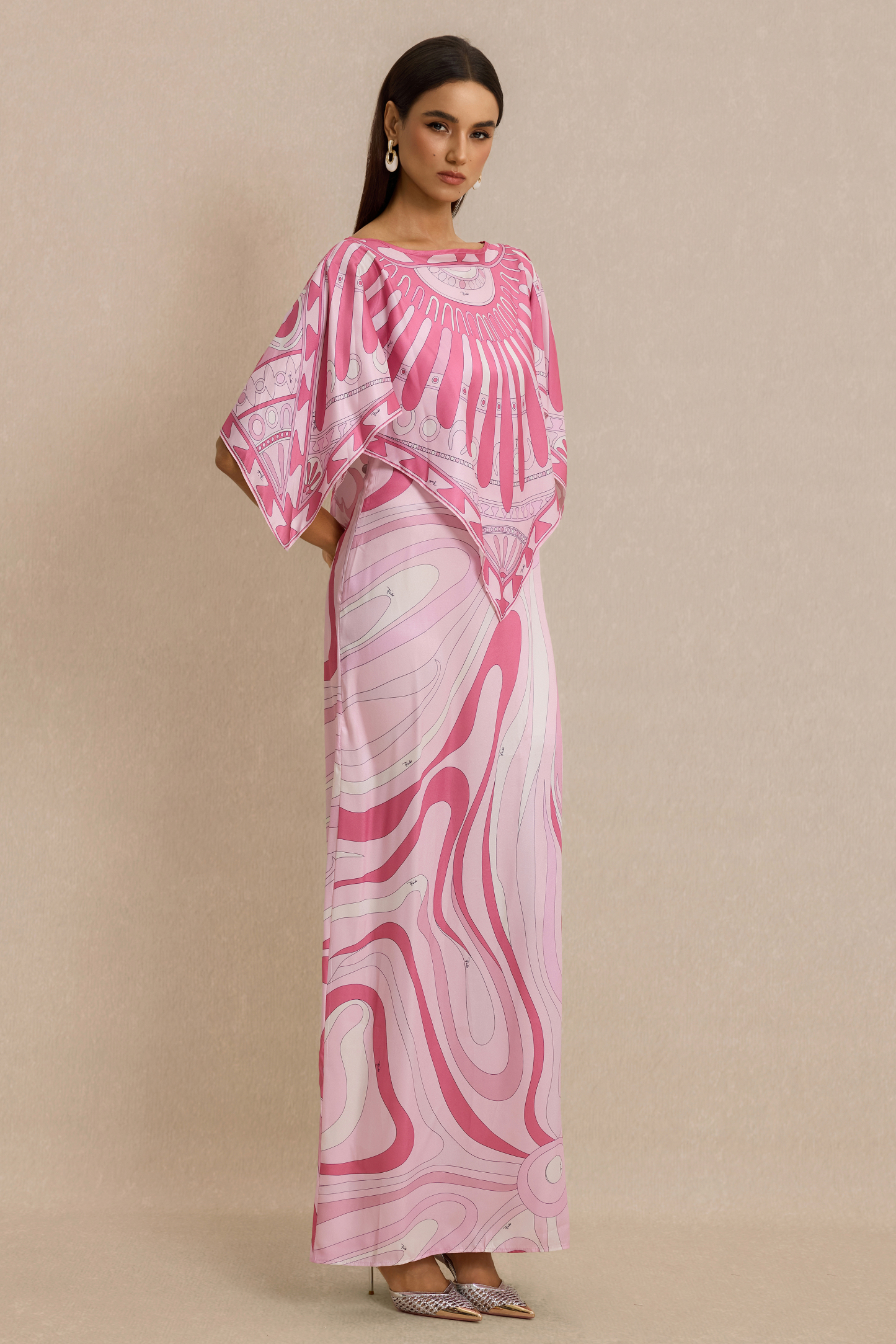 Abstract Print Slip Maxi Dress With Cape