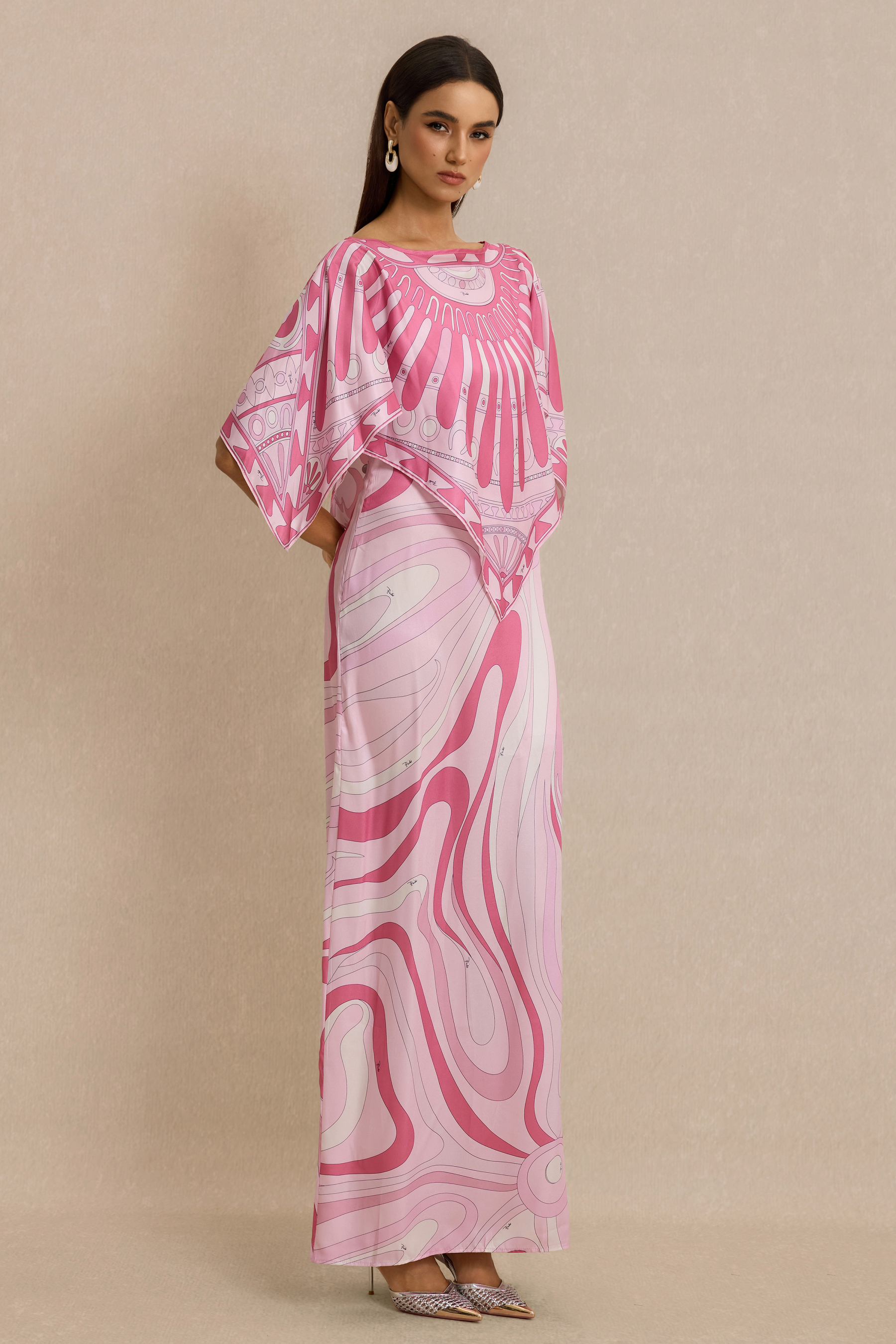 Abstract Print Slip Maxi Dress With Cape