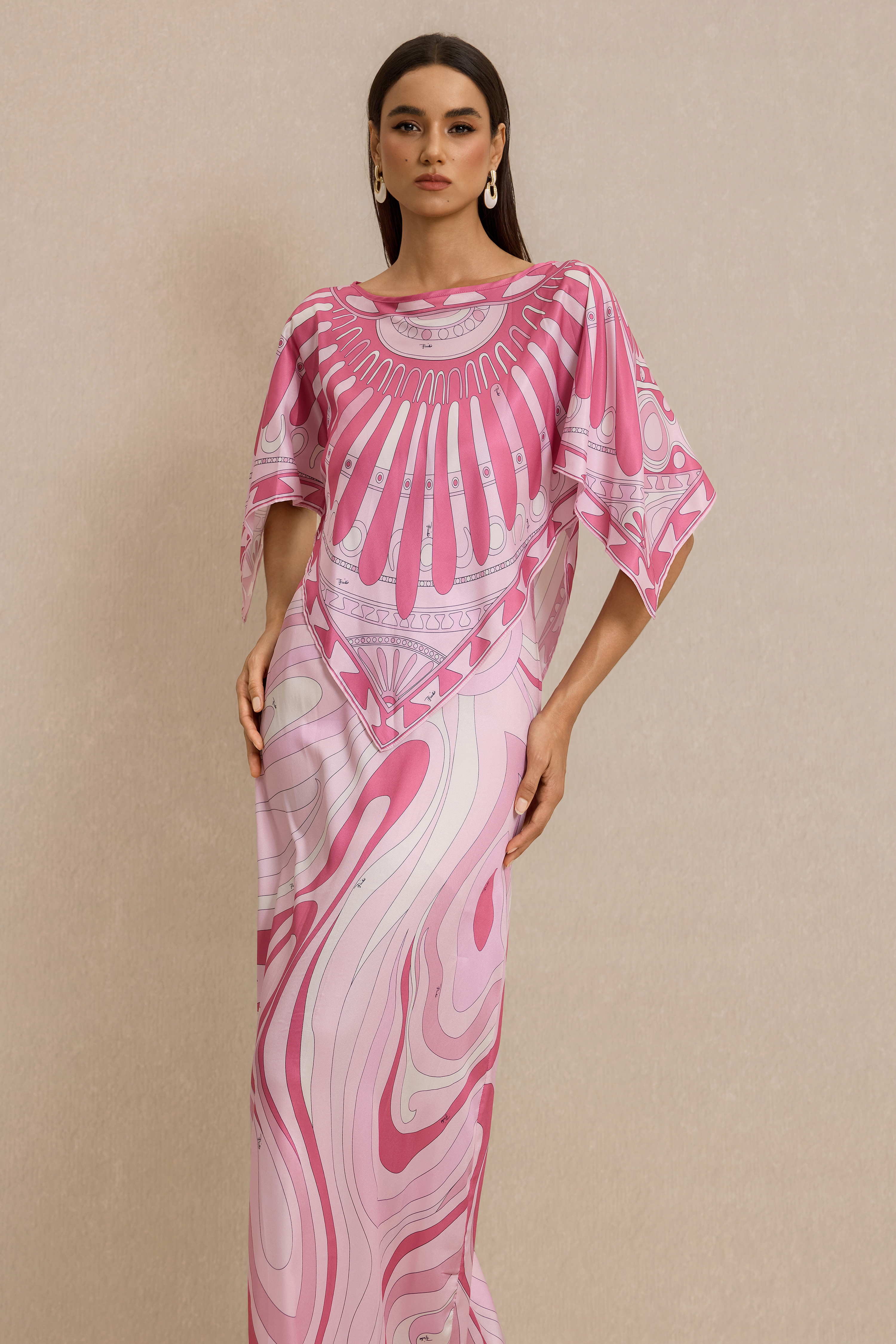 Abstract Print Slip Maxi Dress With Cape
