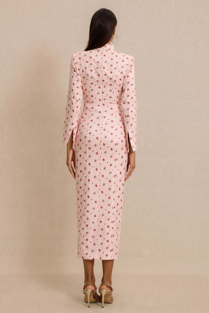 Floral Print Button Decorations Long Sleeve Midi Dress