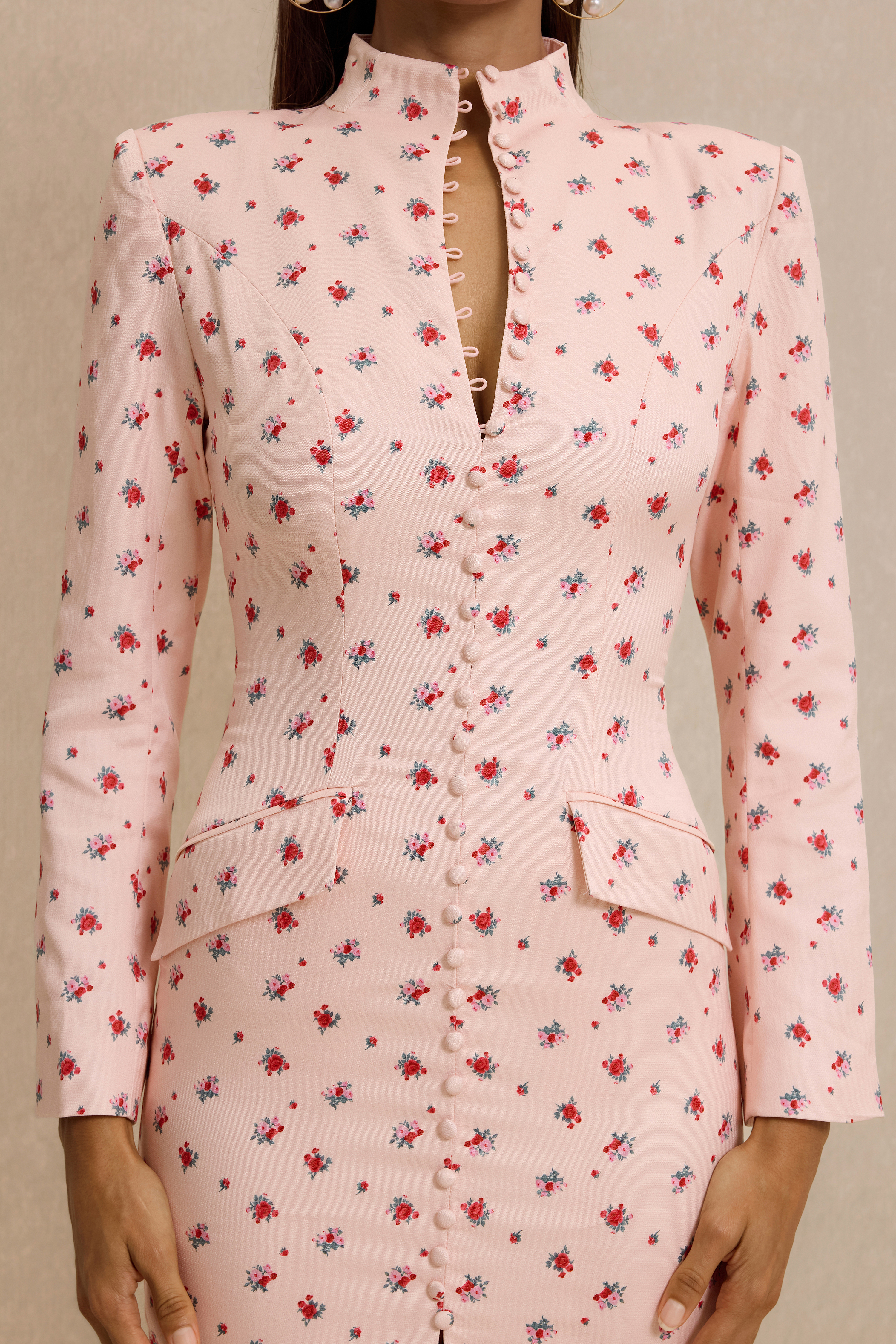 Floral Print Button Decorations Long Sleeve Midi Dress