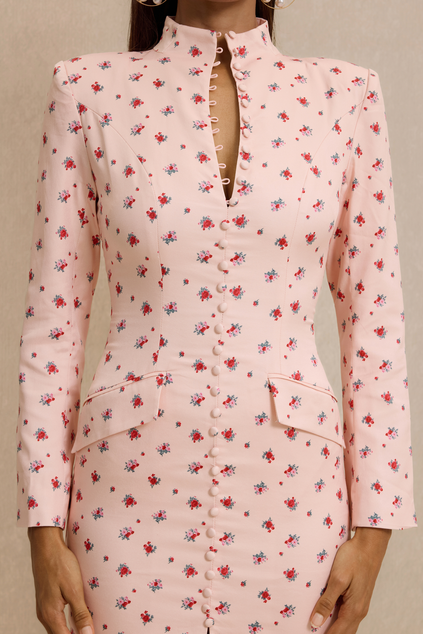 Floral Print Button Decorations Long Sleeve Midi Dress