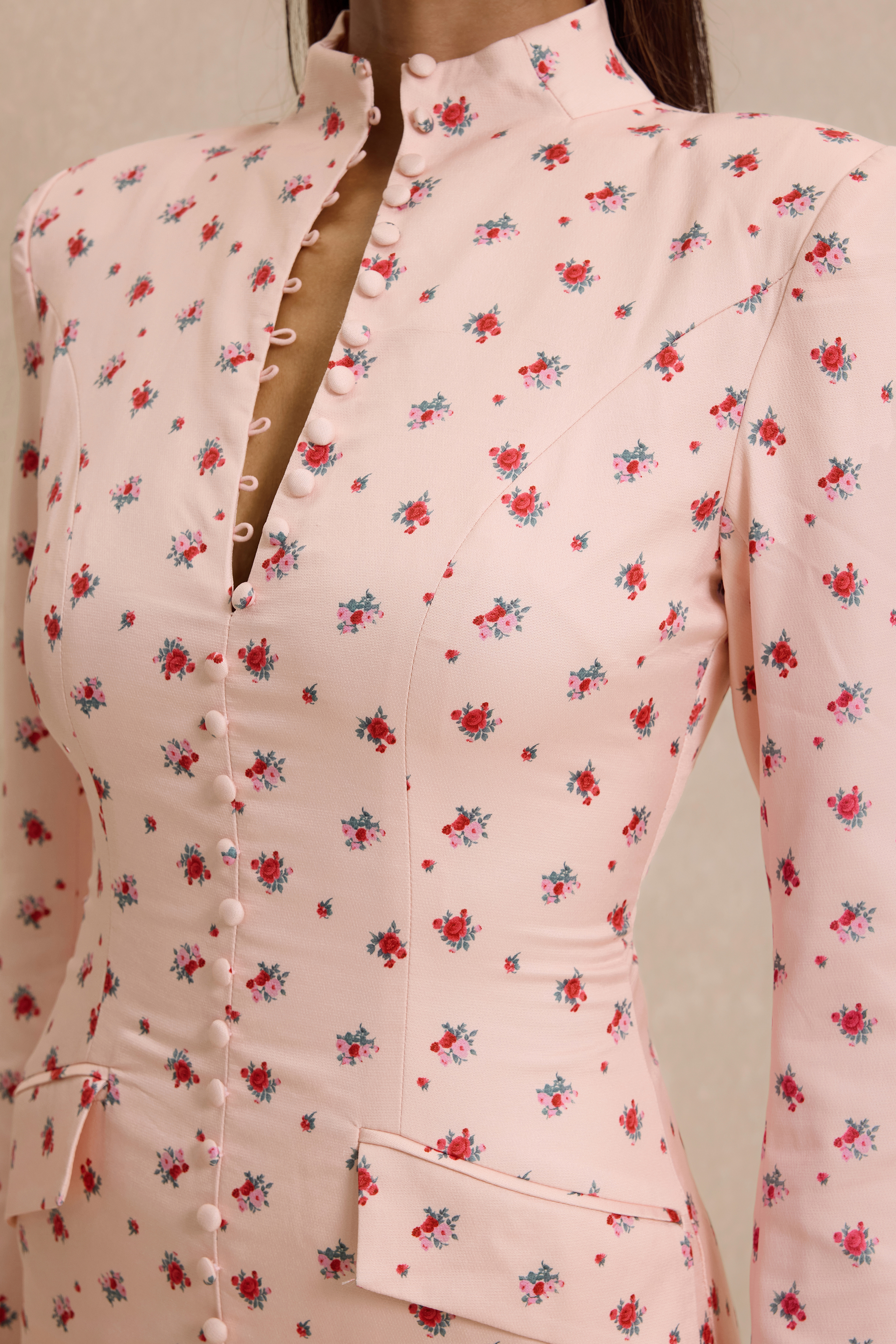 Floral Print Button Decorations Long Sleeve Midi Dress