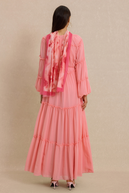 Frill Lantern Sleeve Round Neck Midi Dress