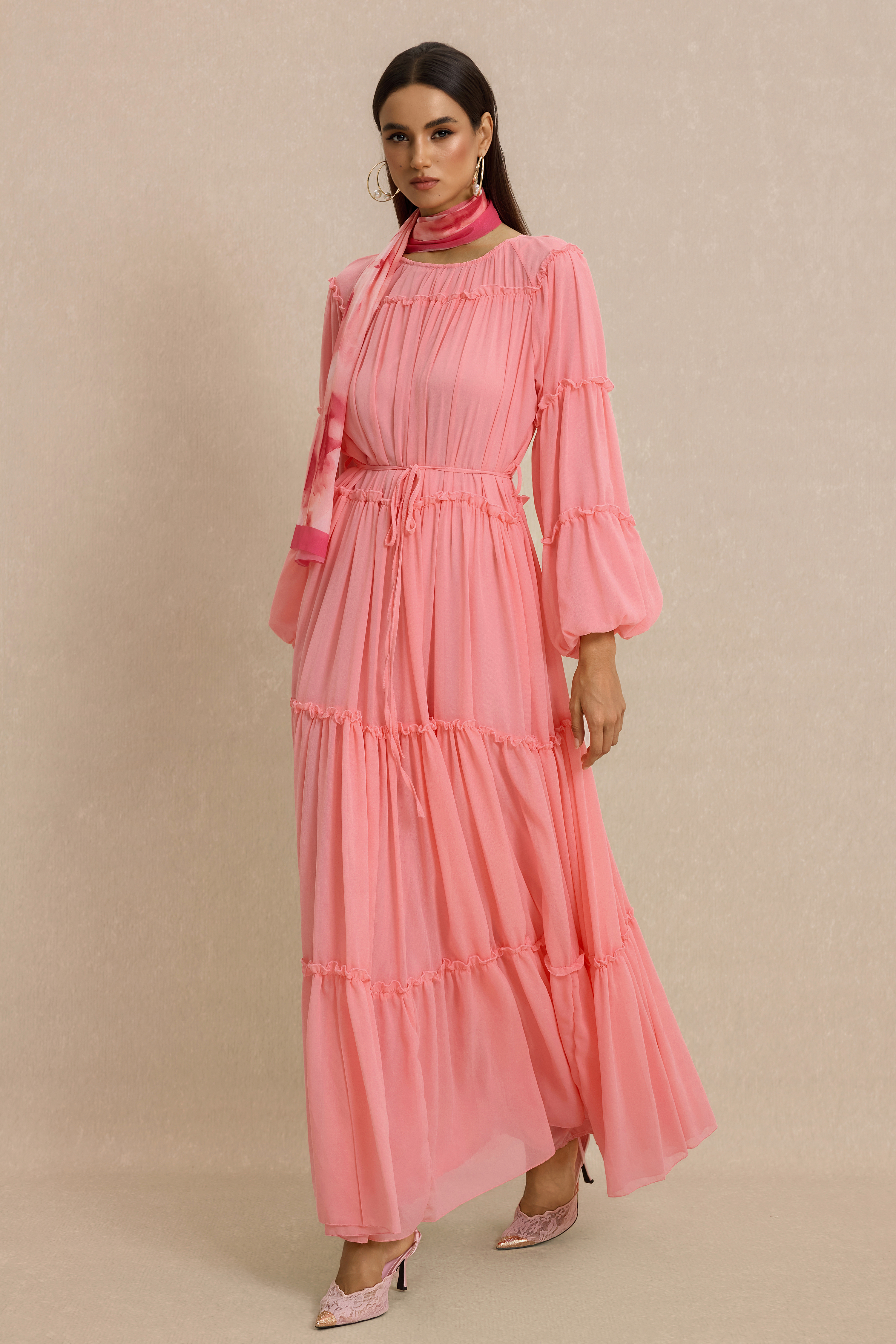Frill Lantern Sleeve Round Neck Midi Dress