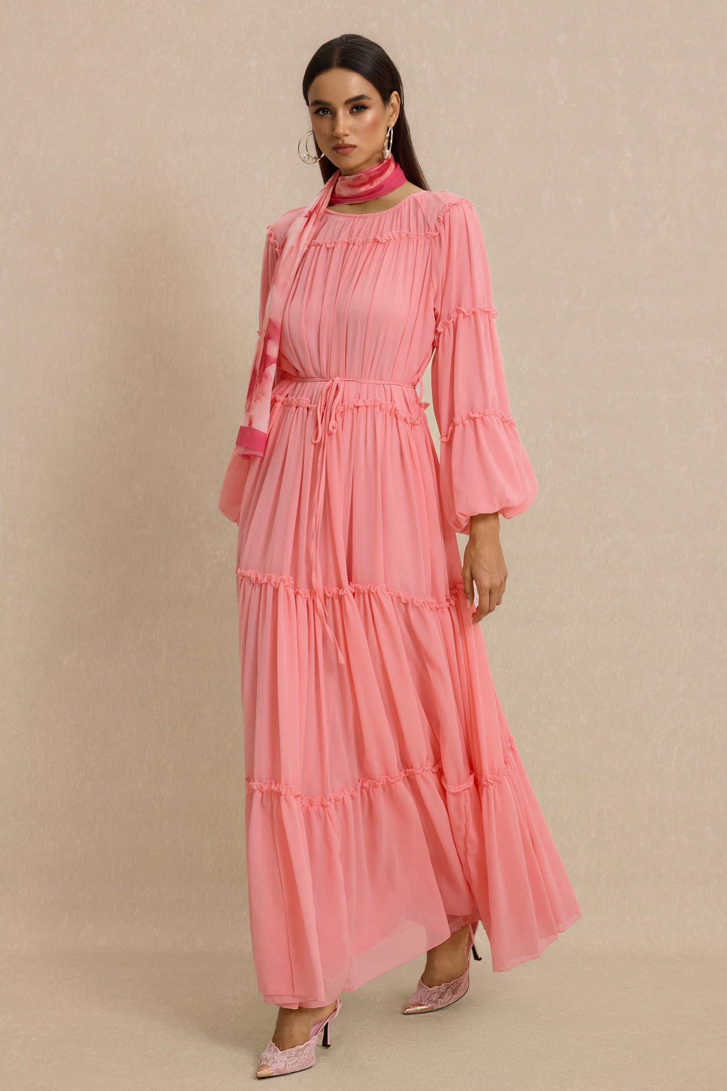 Frill Lantern Sleeve Round Neck Midi Dress