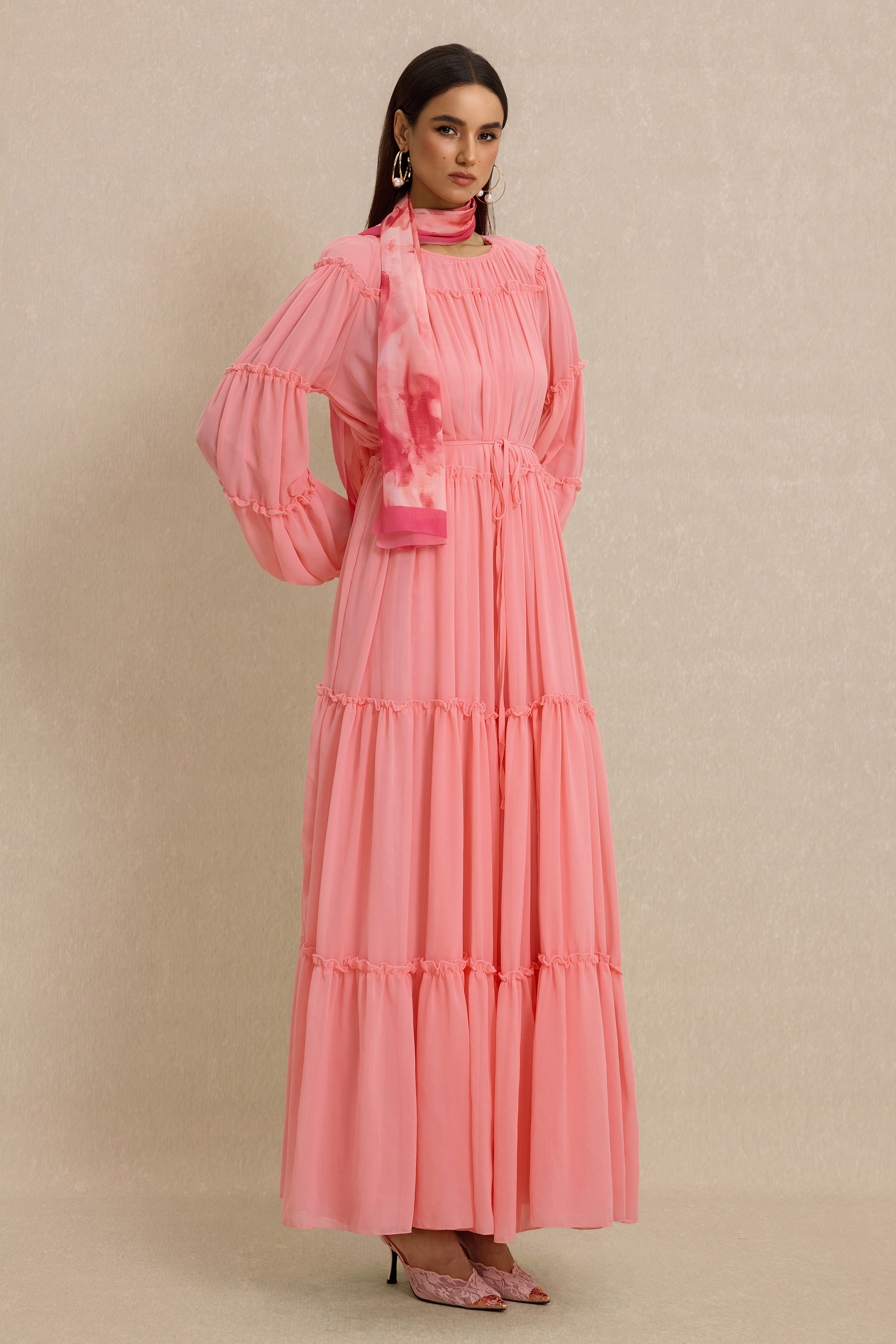 Frill Lantern Sleeve Round Neck Midi Dress