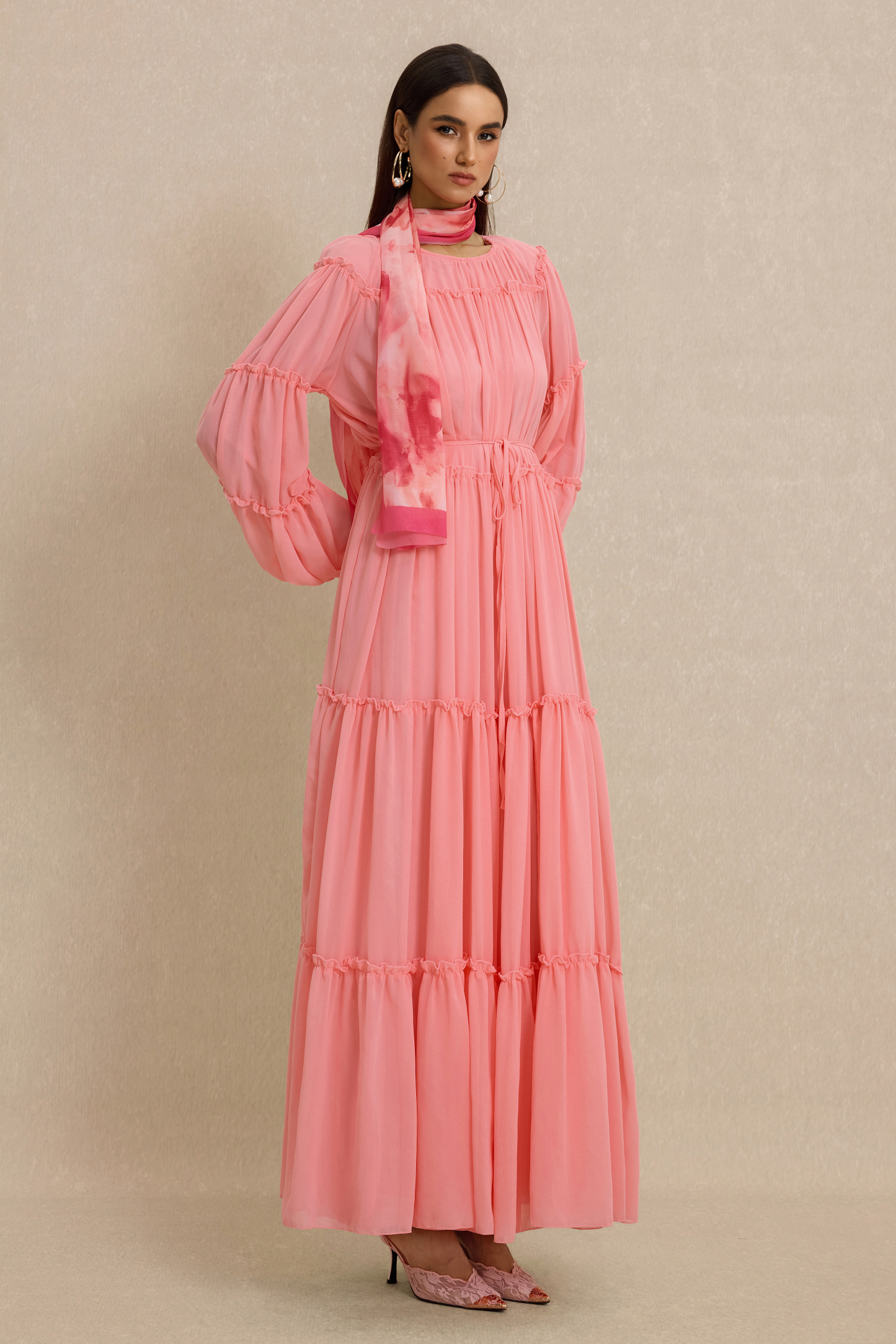 Frill Lantern Sleeve Round Neck Midi Dress
