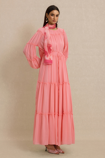 Frill Lantern Sleeve Round Neck Midi Dress